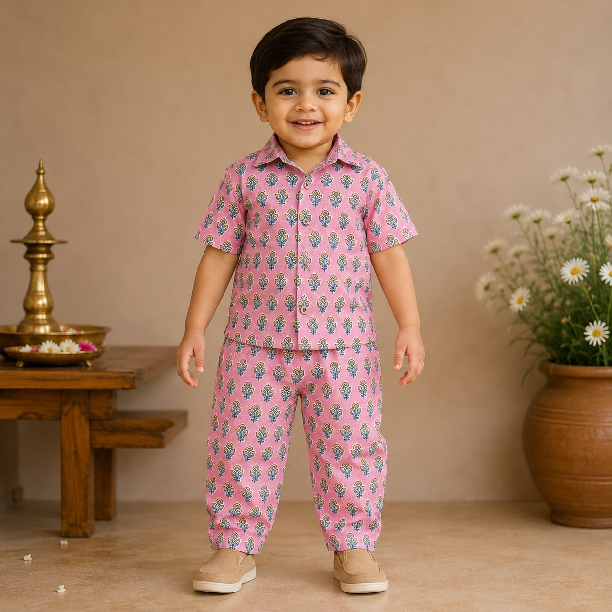 Boys Pink Multicolour Printed Cotton Co-ord Set
