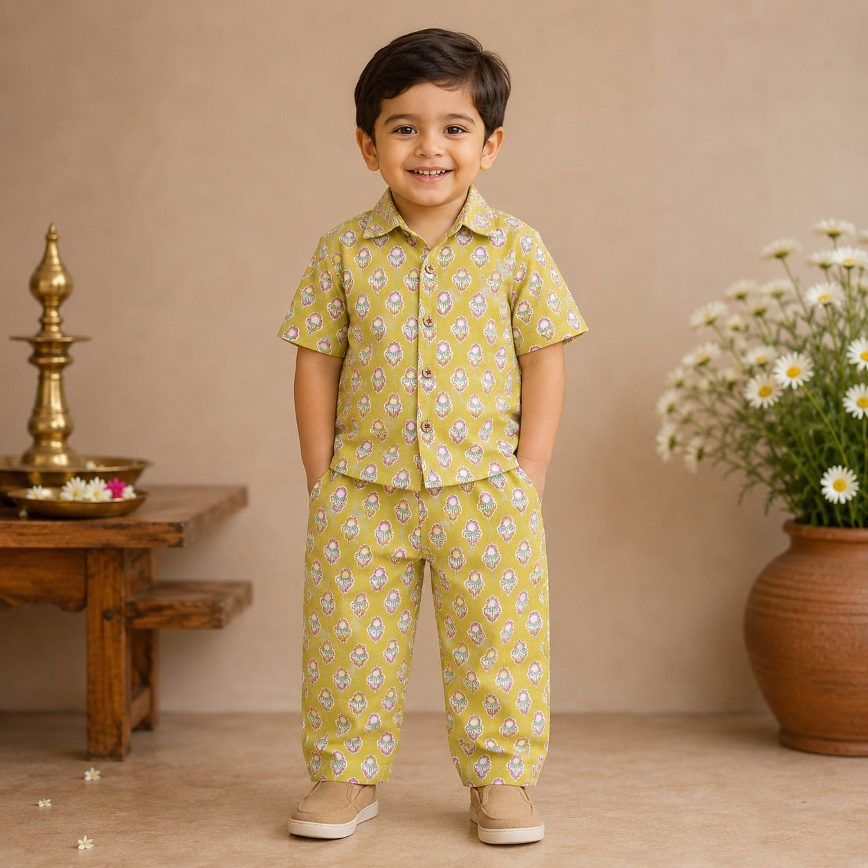 Boys Olive Green Floral Printed Cotton Co-ord Set