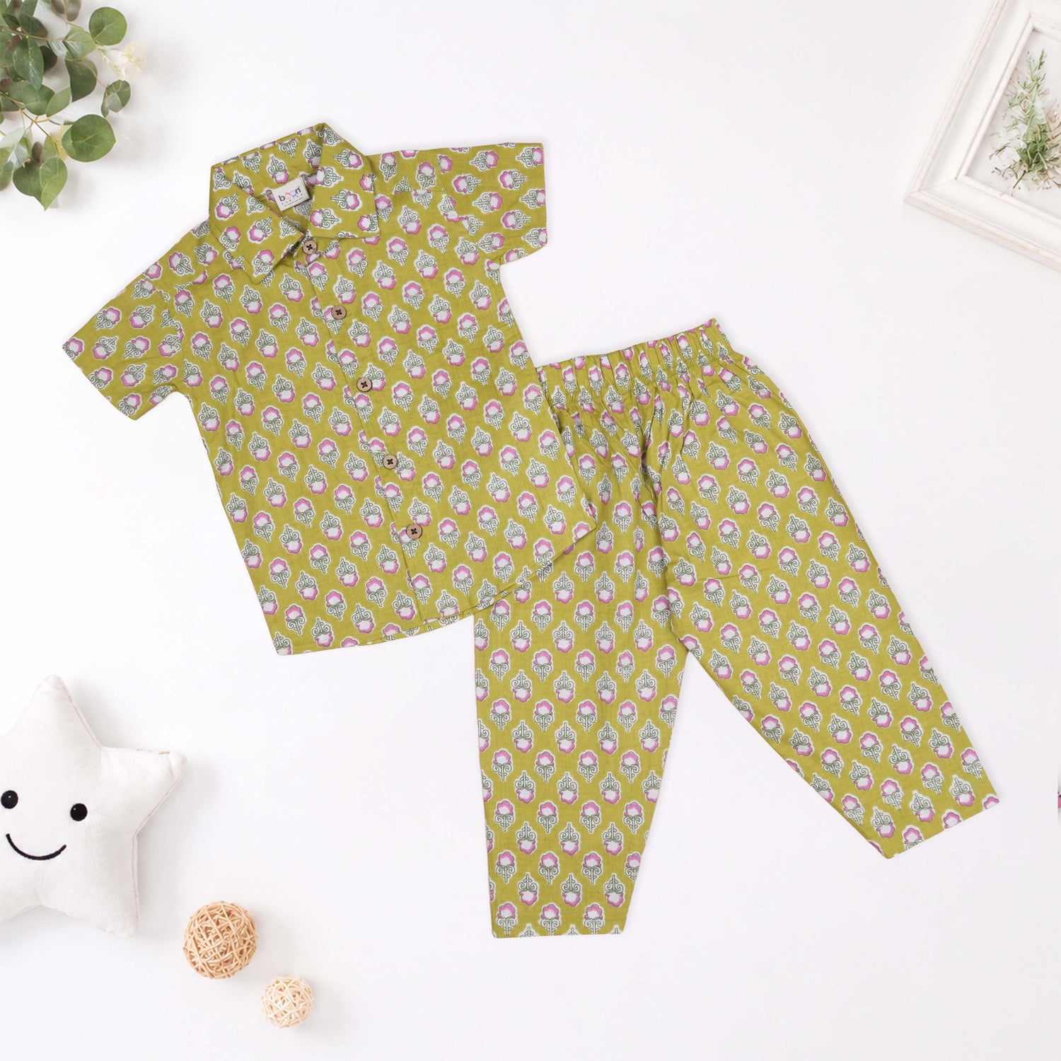 Boys Olive Green Floral Printed Cotton Co-ord Set
