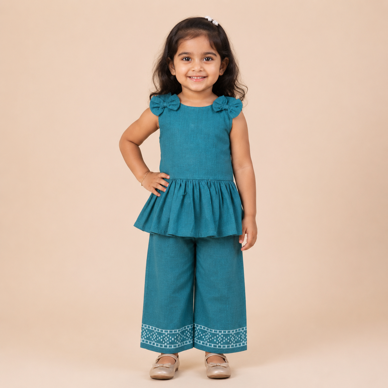 Peacock Blue Handloom Cotton Girls Peplum Top & Pant Set (1–6 Years)