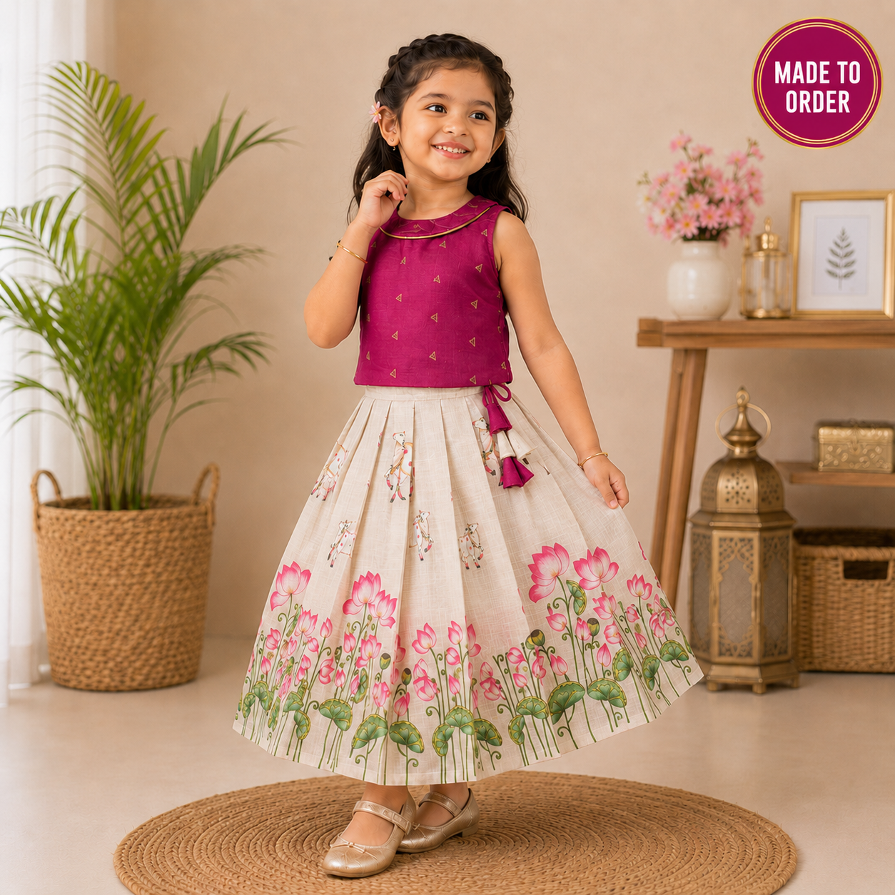Girls Raw Silk Lotus Skirt Set, Pre-Order Now | Ships in 4–6 Days