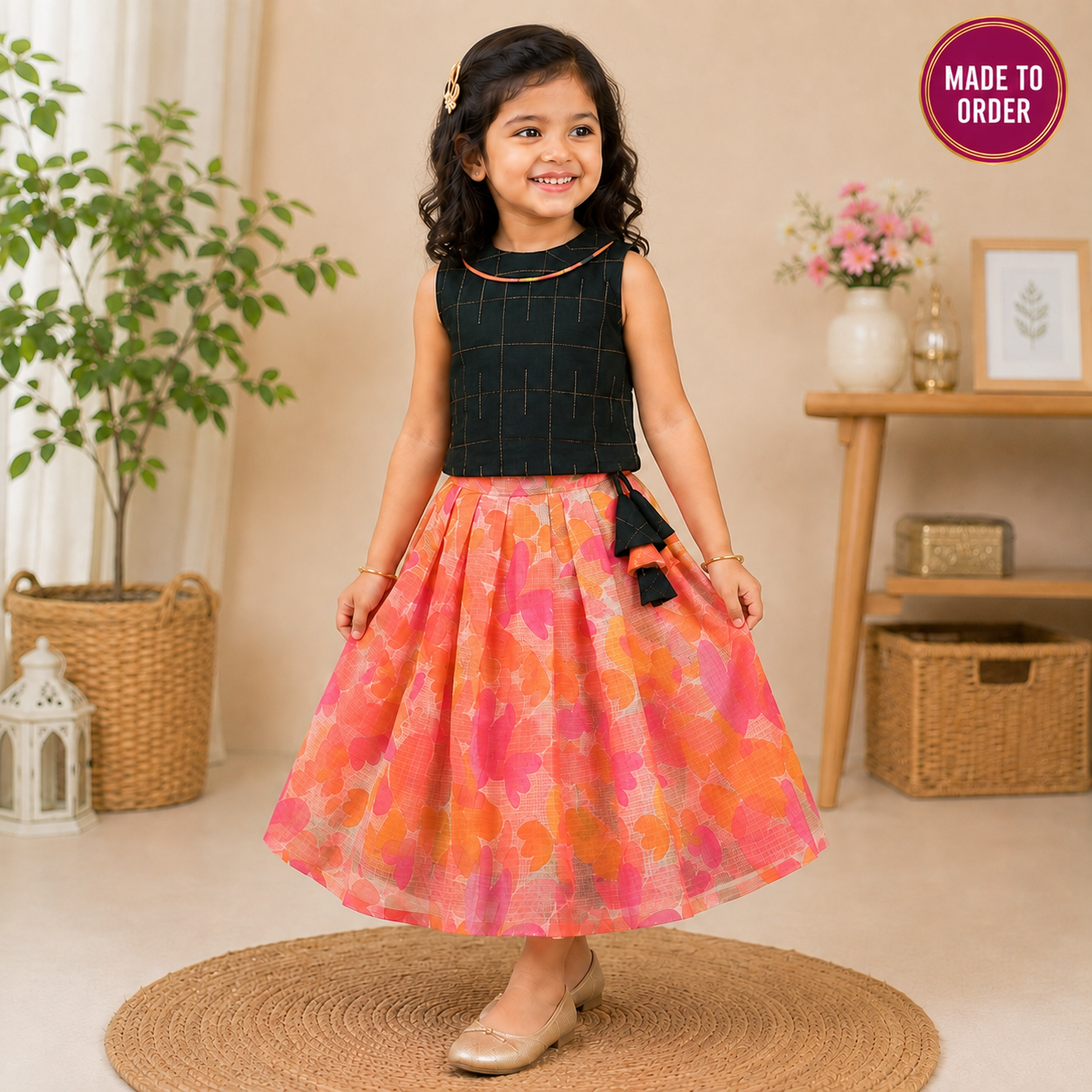 Girls Raw Silk & Kota Cotton Skirt Set, Pre-Order Now | Ships in 4–6 Days