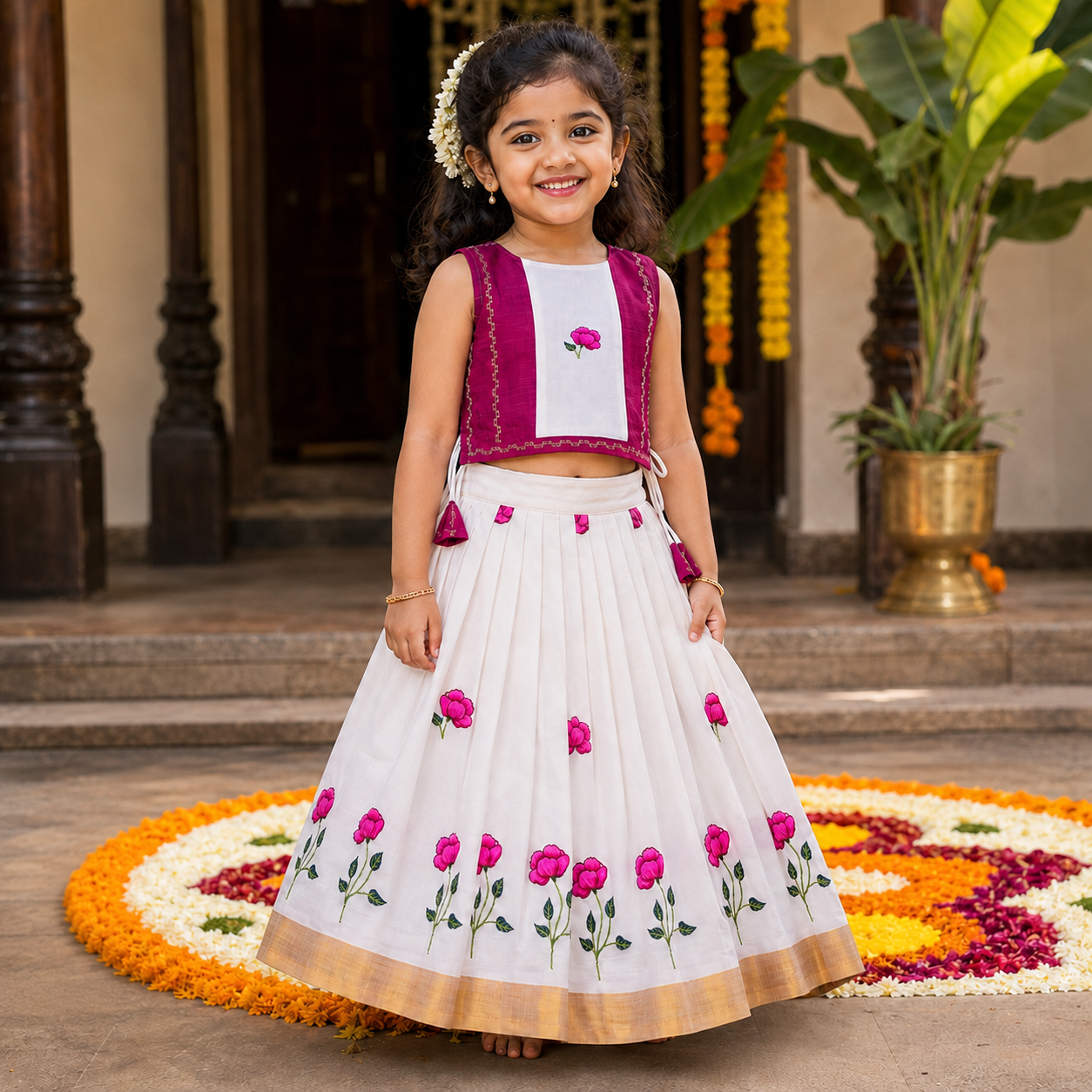 Girls Embroidered Onam Raw Silk Top & Cotton Skirt Set – Magenta & White