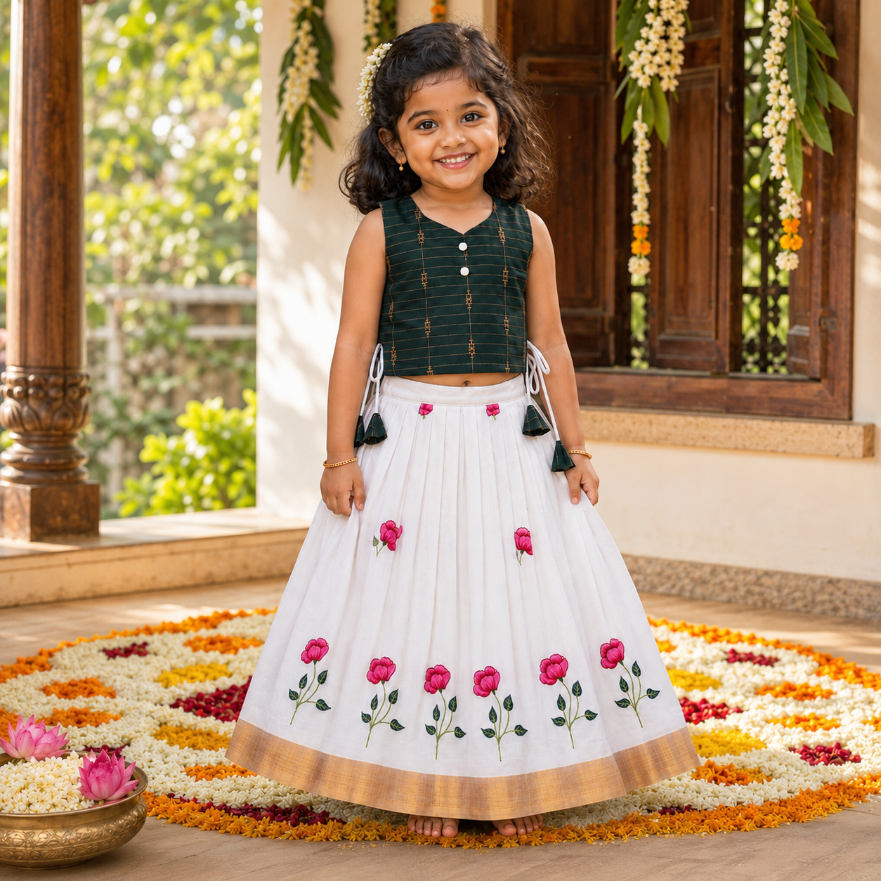 Girls Embroidered Onam Raw Silk Top & Cotton Skirt Set – Green Magenta & White