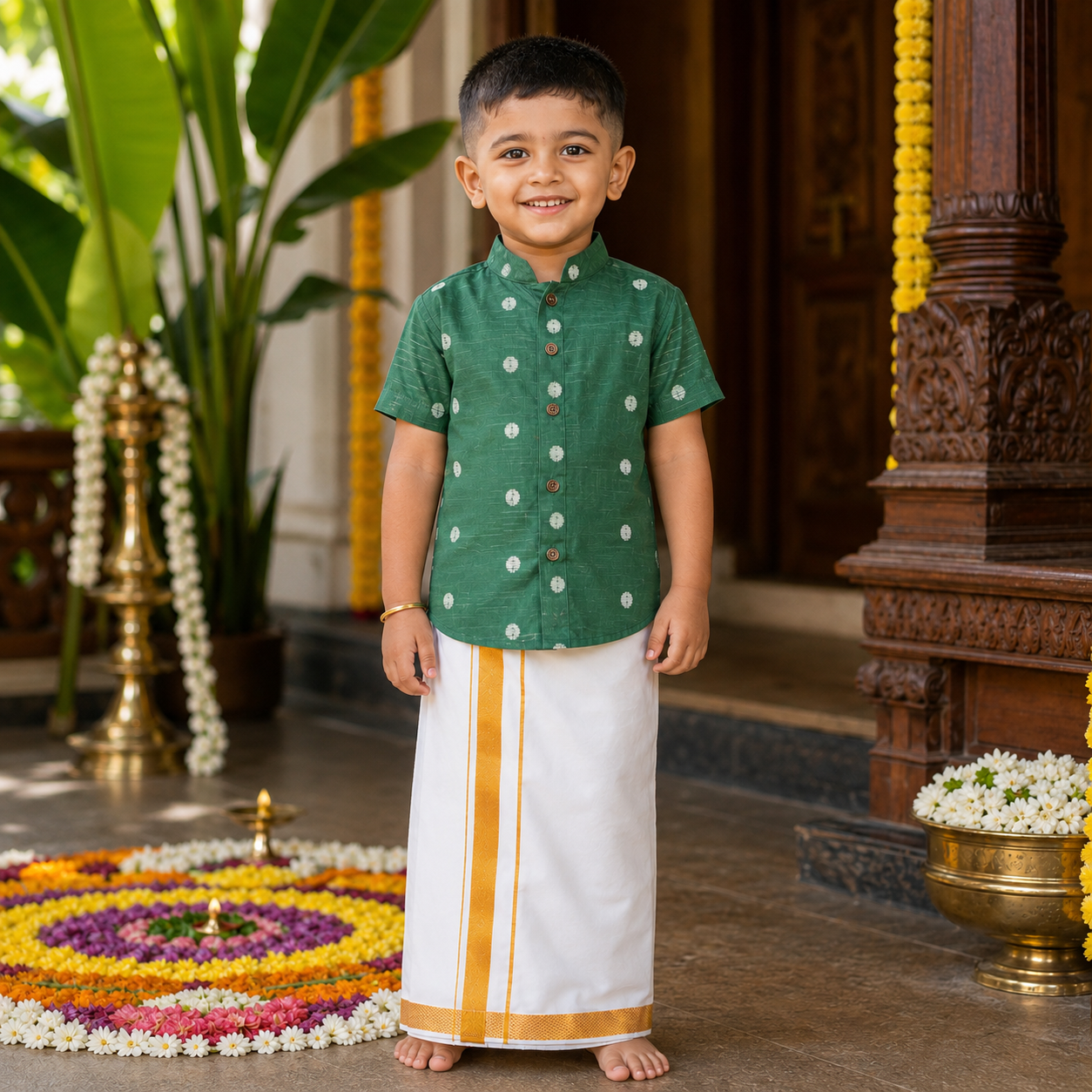Boys Dark Green Silk Butta Shirt & Dhoti Set – Traditional Festive Wear Metal Button