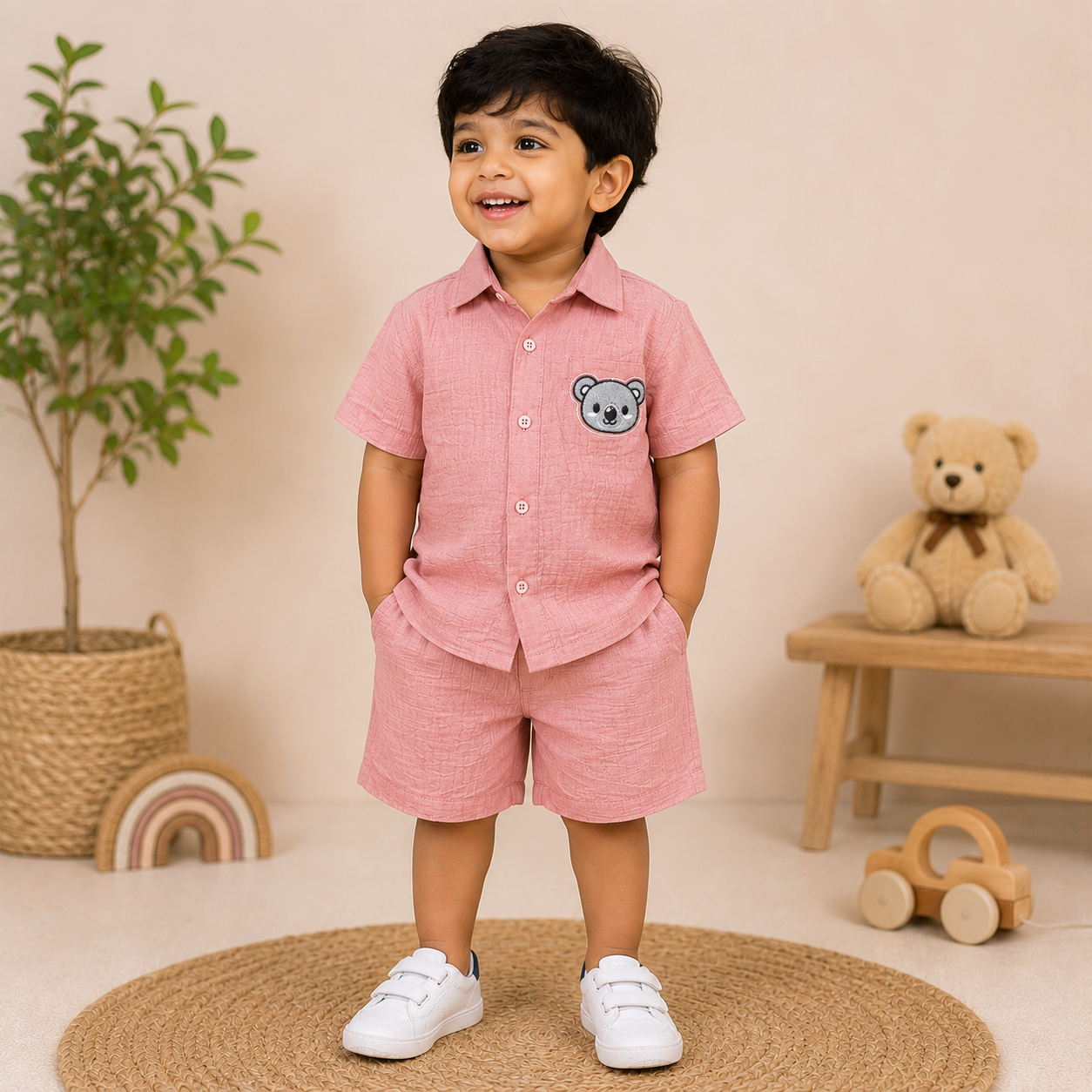 Dusty Pink Muslin Boys Shirt & Shorts Co-ord Set (6M–5Y)