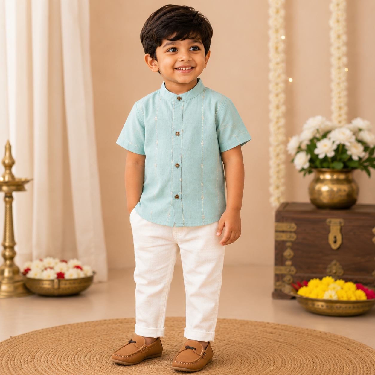 Boys Premium Cotton Mandarin Collar Shirt – Mint Green | Boon Babies