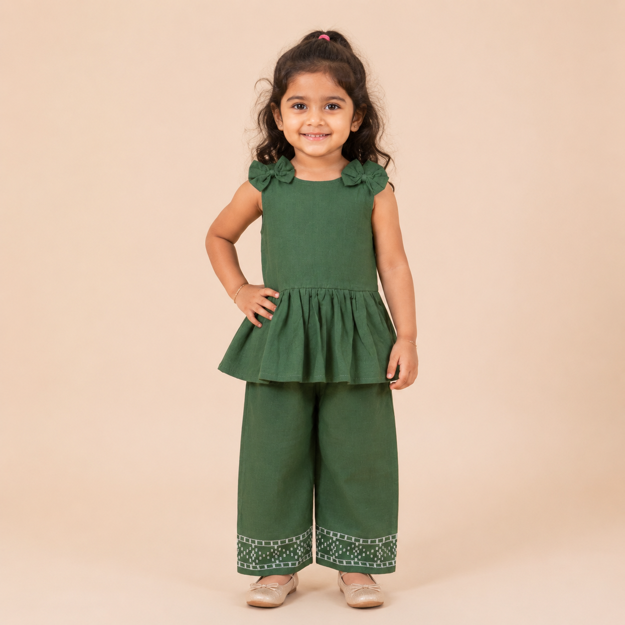 Forest Green Handloom Cotton Girls Peplum Top & Pant Set (1-6 Years)