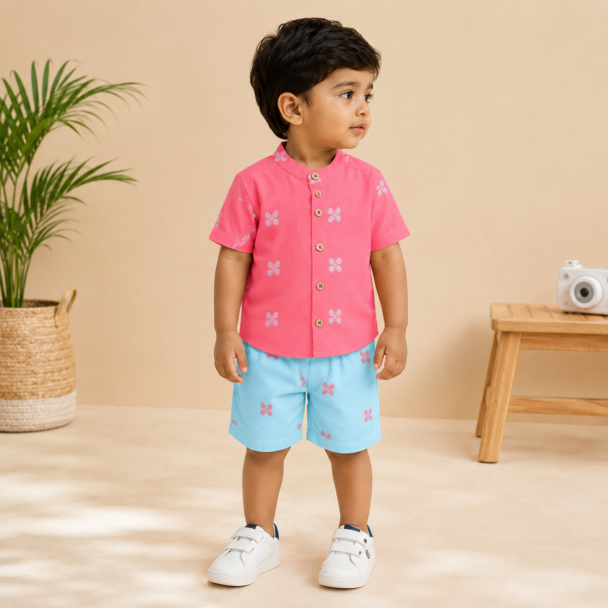 Boys' coral pink handloom cotton shirt and shorts set with printed design, straight collar, by Boon Babies.