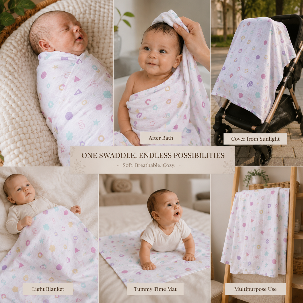 Boon Babies soft, breathable 100x100 cm muslin swaddle blanket with printed design for gentle baby wrapping.