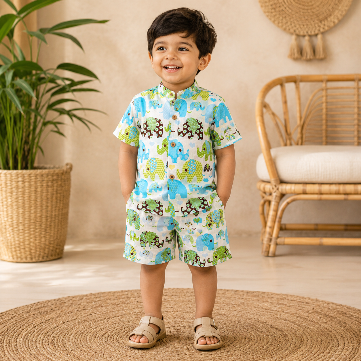 Blue elephant print boys' co-ord set from Boon Babies with a printed shirt and shorts, featuring a Chinese collar for summer wear.