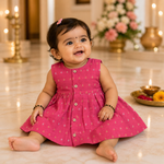 Pink ethnic sleeveless baby girl frock by Boon Babies, soft fabric with traditional embroidered details, perfect for special occasions.