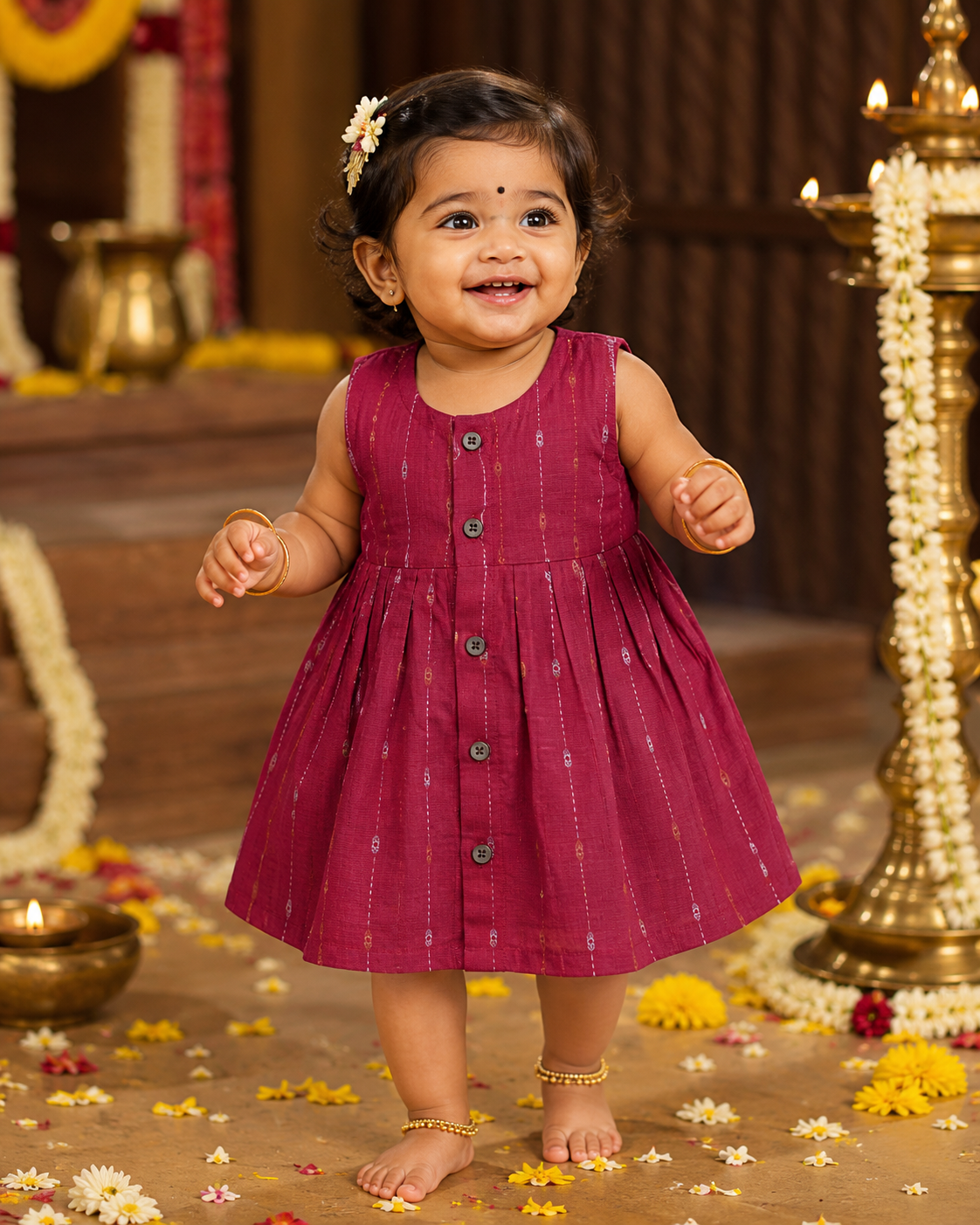 Cherry red ethnic sleeveless frock for baby girls by Boon Babies, featuring traditional design and comfortable fabric.
