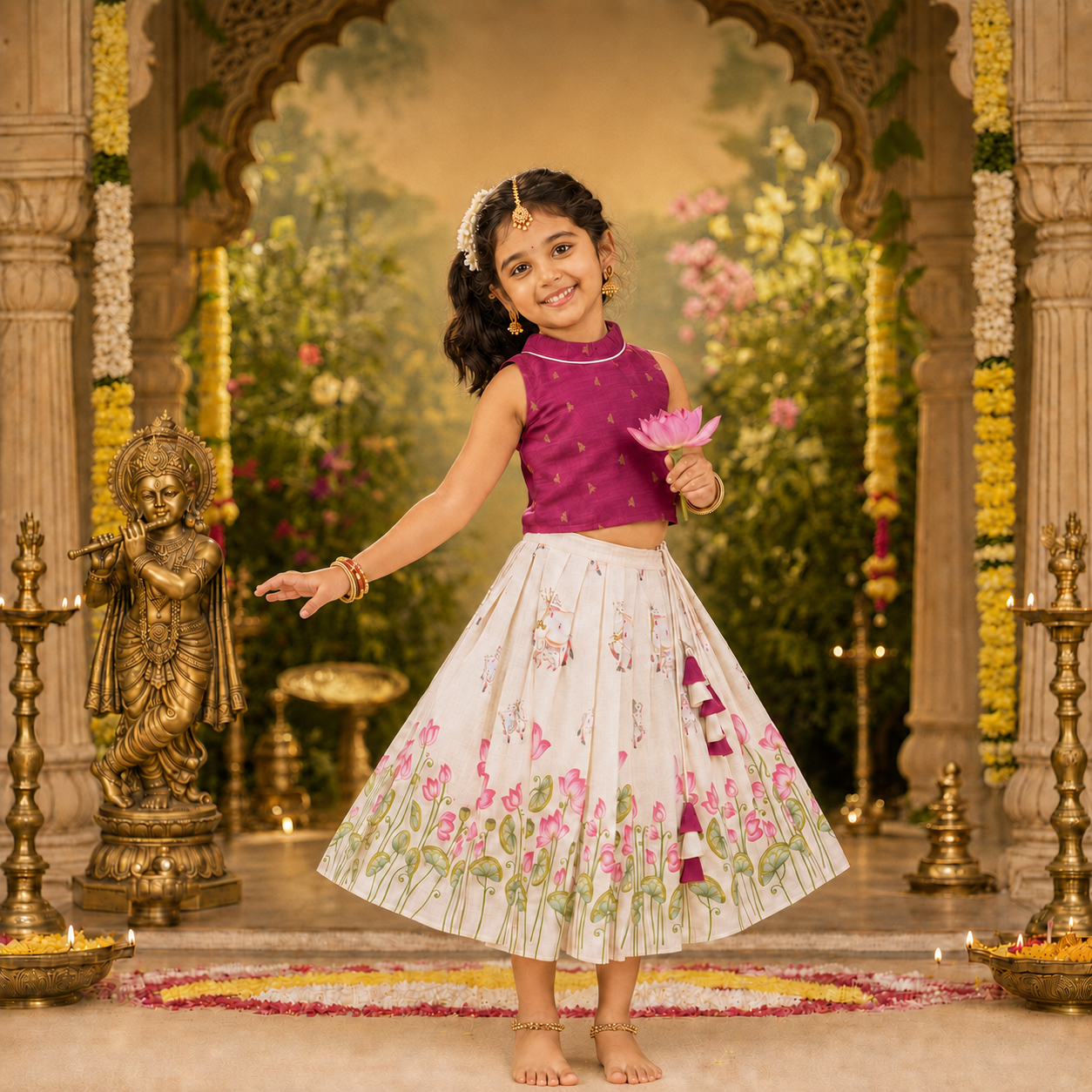 Girls Raw Silk Lotus Skirt Set, Pre-Order Now | Ships in 4–6 Days