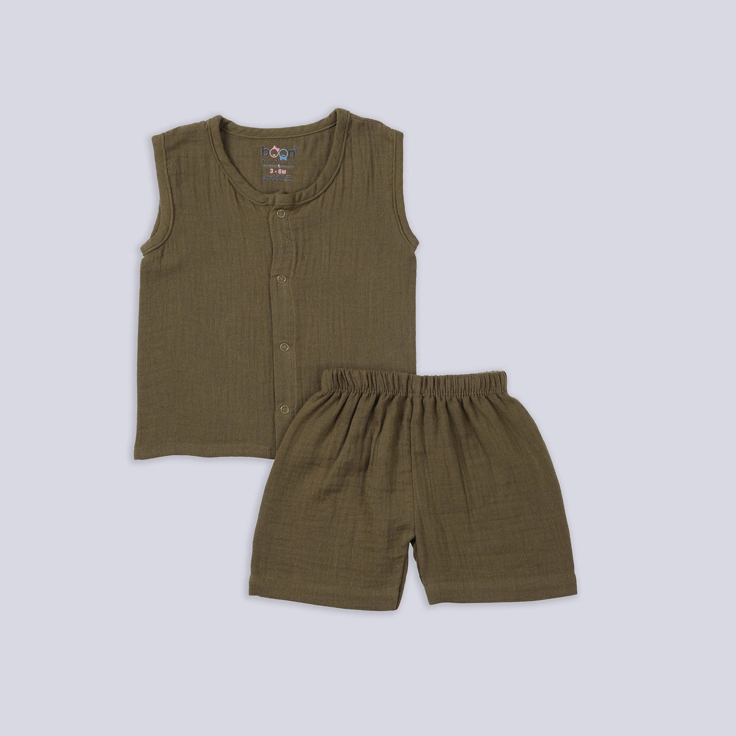  Olive Green sleeveless crinkled muslin baby co-ord set from Boon Babies – breathable, soft-touch summer outfit for infants aged 3 to 18 months.