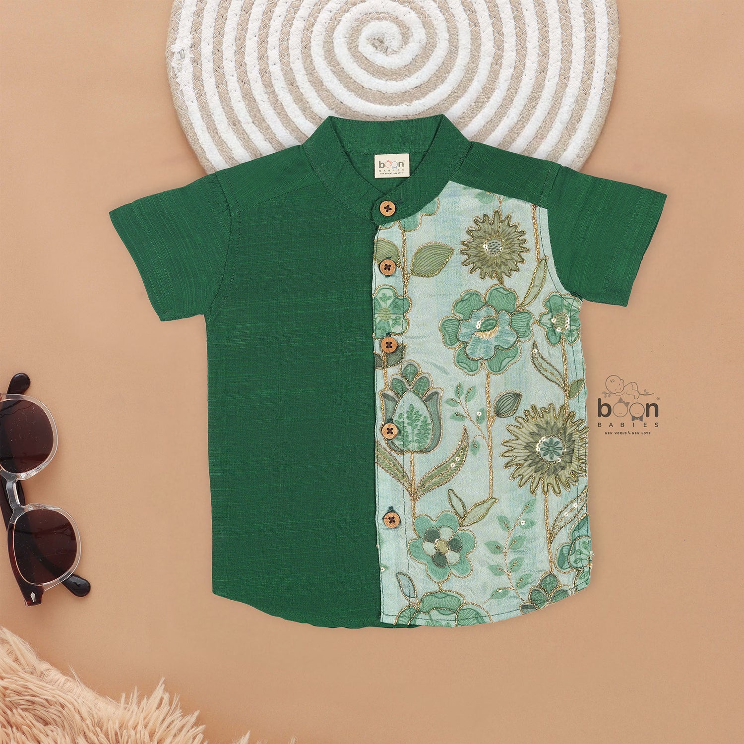 Bottle Green Silk Panel Shirt with Cream Pattu Dhoti – Traditional Ethnic Wear for Boys