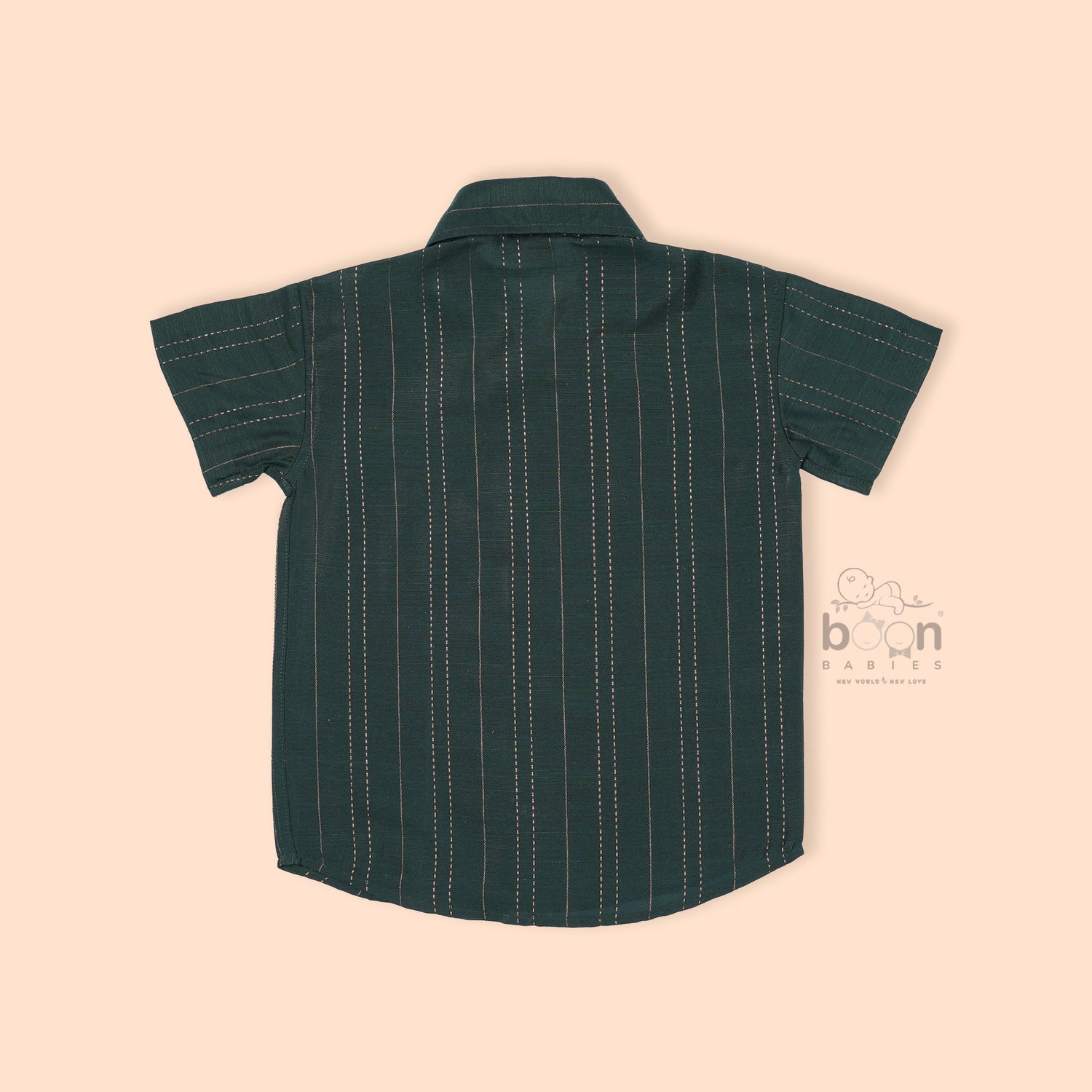 Dark green silk ethnic shirt for boys aged 12 months to 5 years, with golden vertical stripe detailing and wooden buttons – from Boon Babies’ festive wear range.