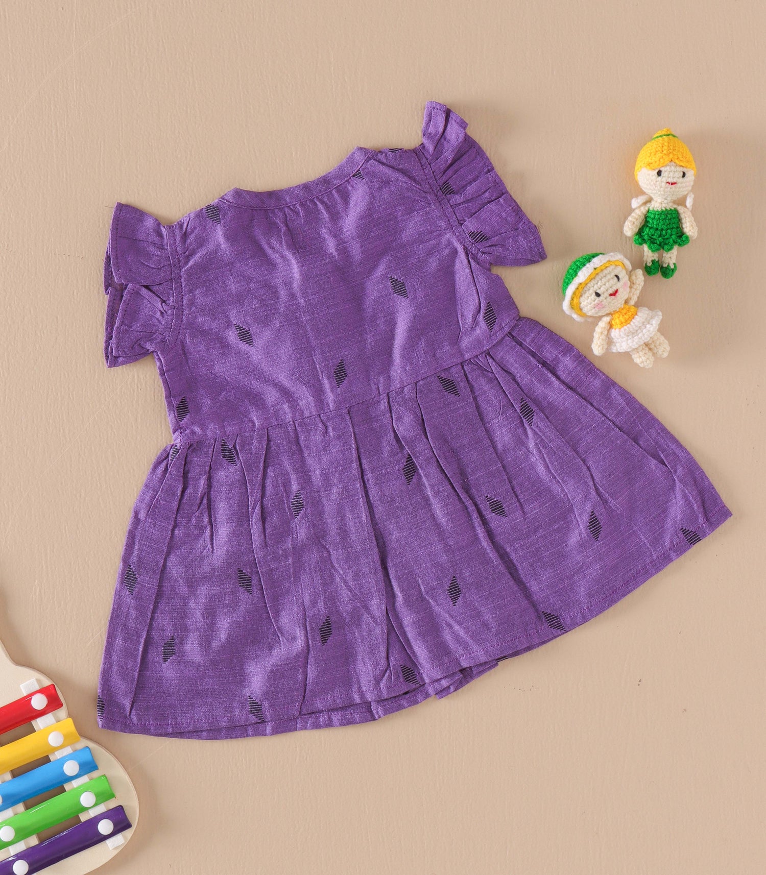 Purple Ethnic Frill Frock with Wooden Buttons – Soft Silk