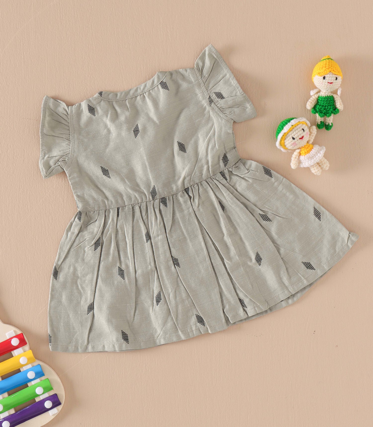 Grey Handwoven Ethnic Frill Frock – Elegant Soft Silk Look for Babies