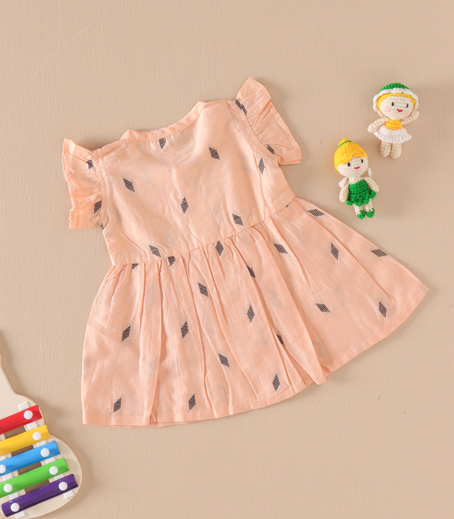 Peach Ethnic Frill Frock with Wooden Buttons