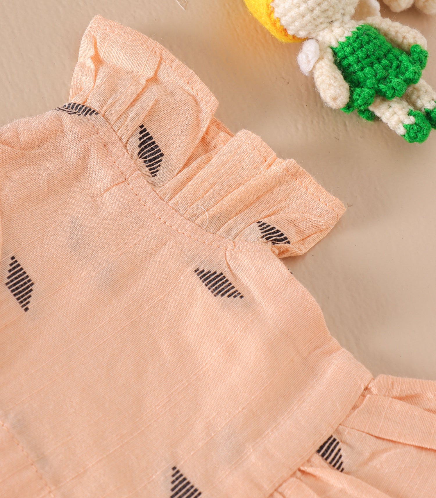 Peach Ethnic Frill Frock with Wooden Buttons