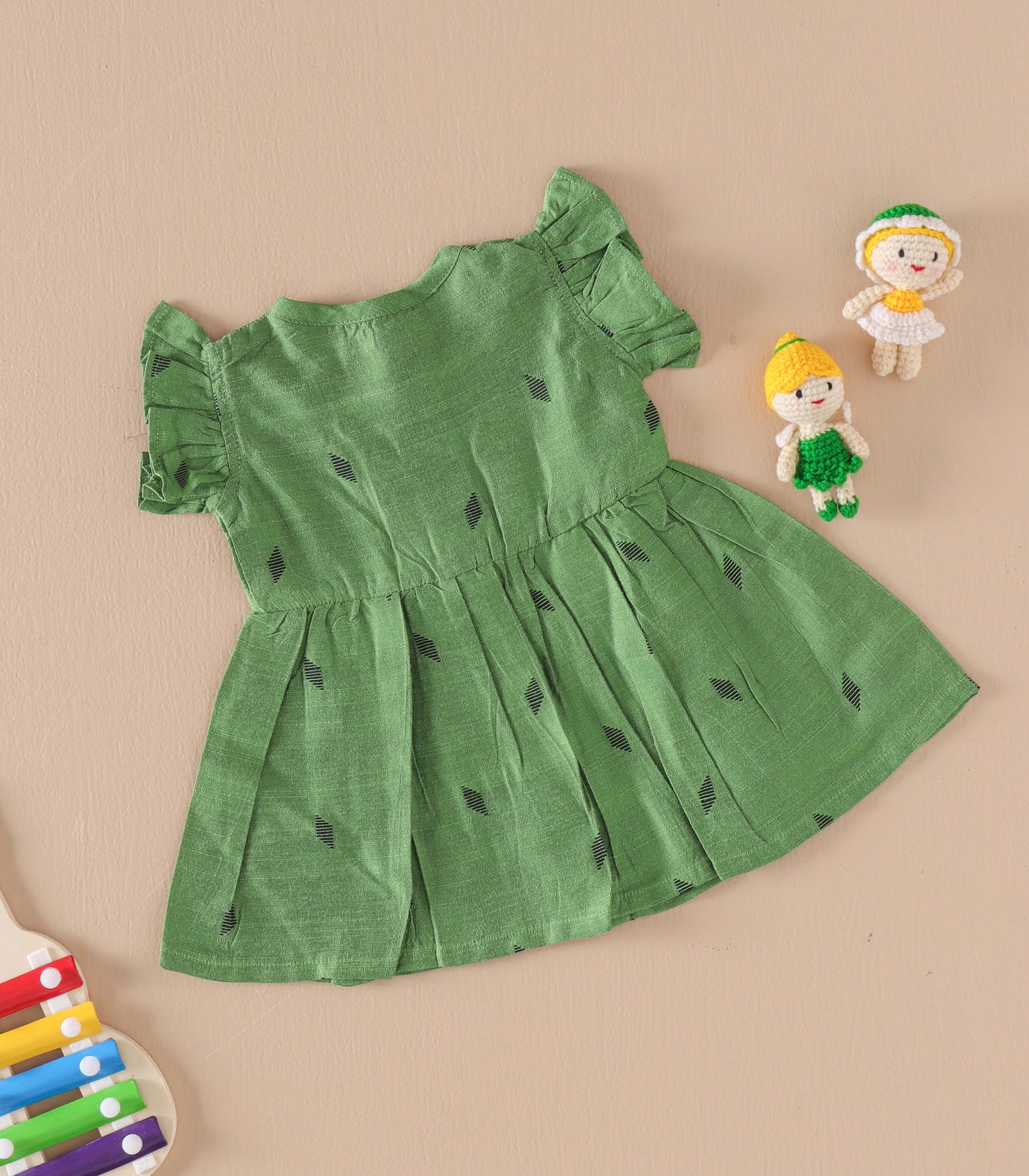 Olive Green Handwoven Ethnic Frill Frock – Soft Silk Feel