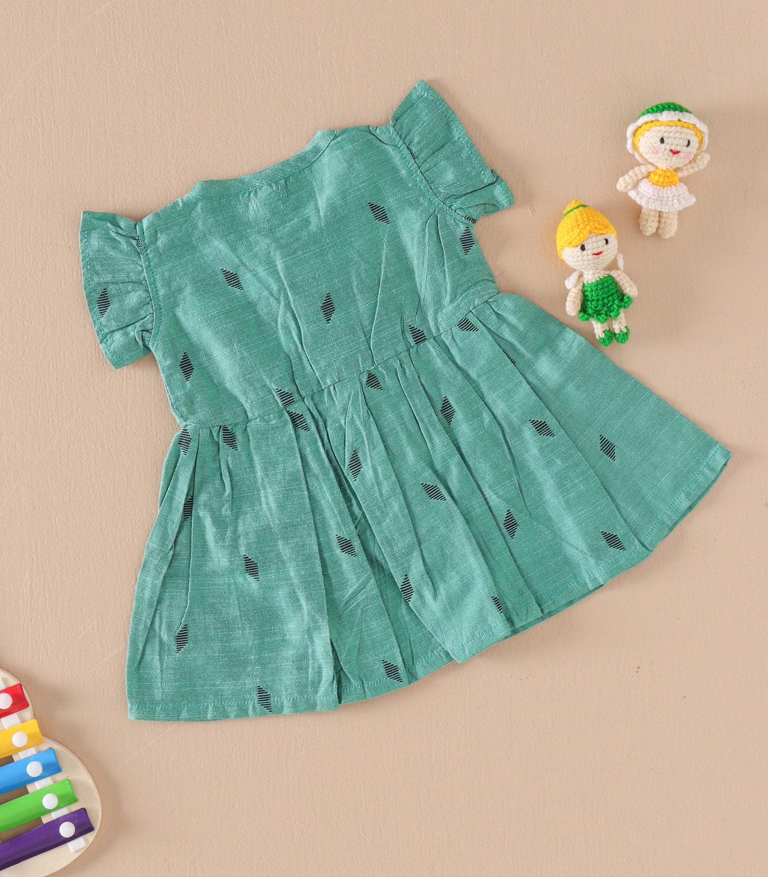 Teal Green Handwoven Ethnic Frill Frock – Soft Silk Feel Ethnic Wear for Babies