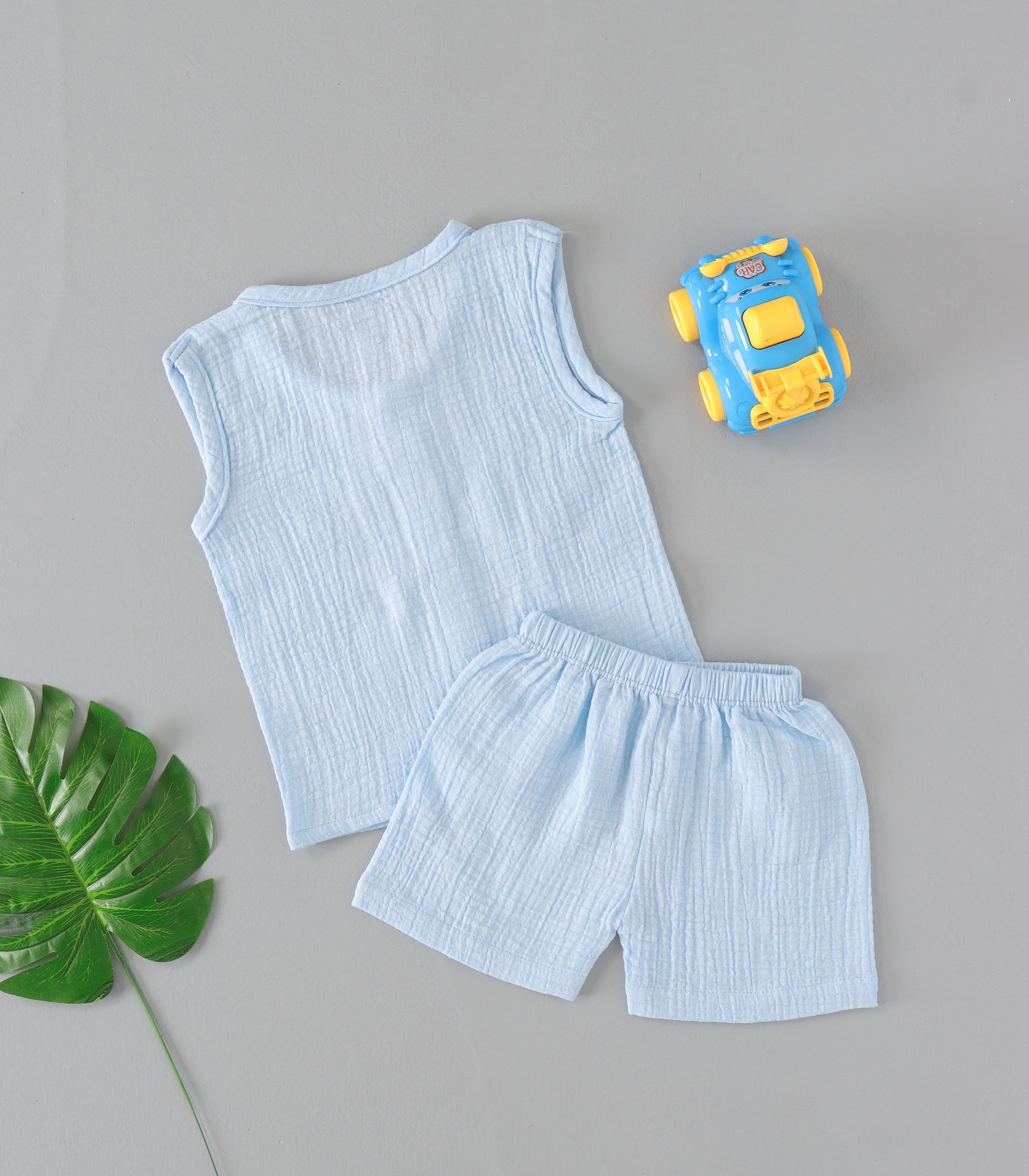 Sky Mist Crinkled Muslin Jabla & Shorts Set – Airy Comfort for Babies