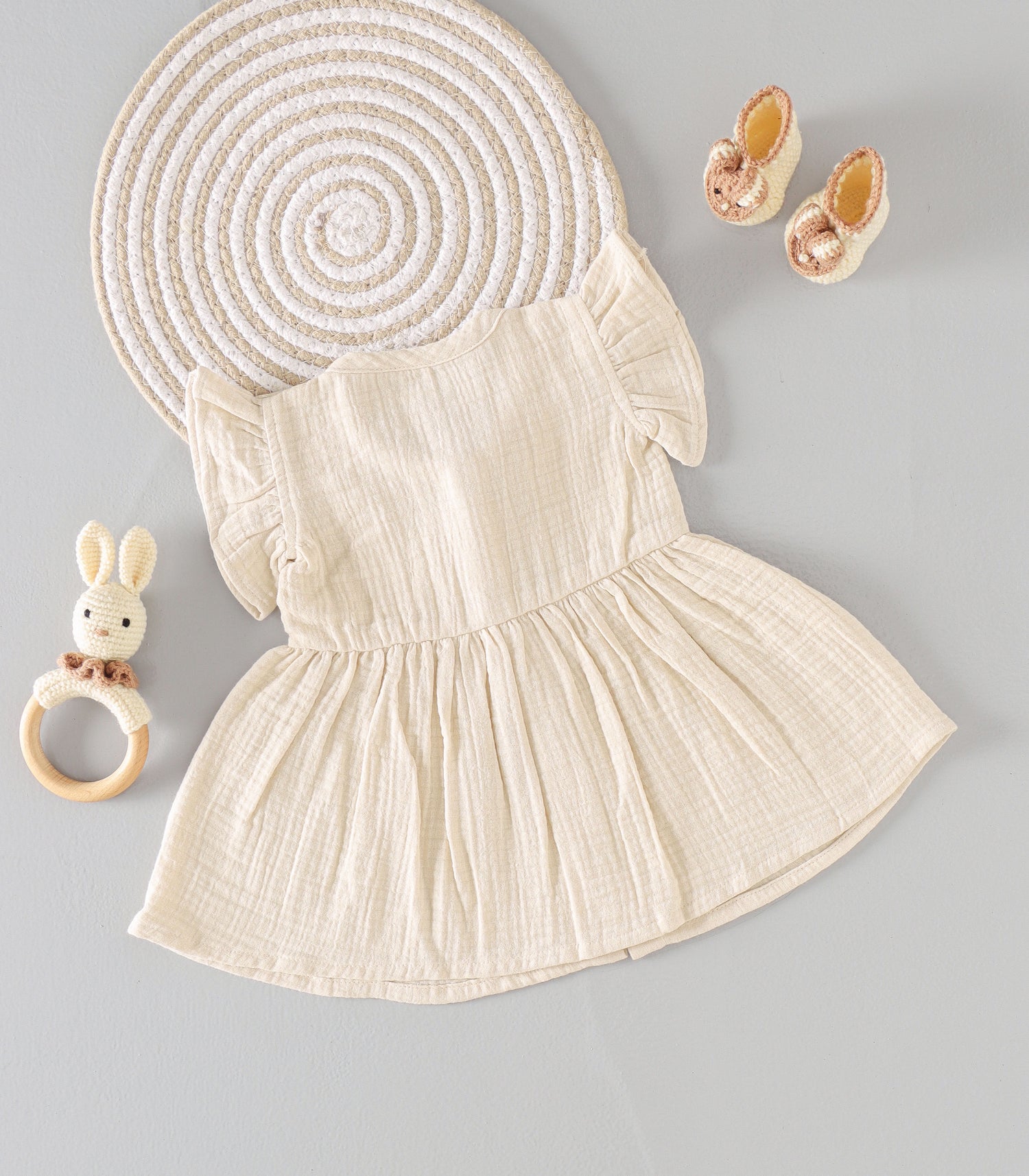 Beige Cream Crinkled Muslin Frill Frock – Classic Soft Elegance for Little Ones