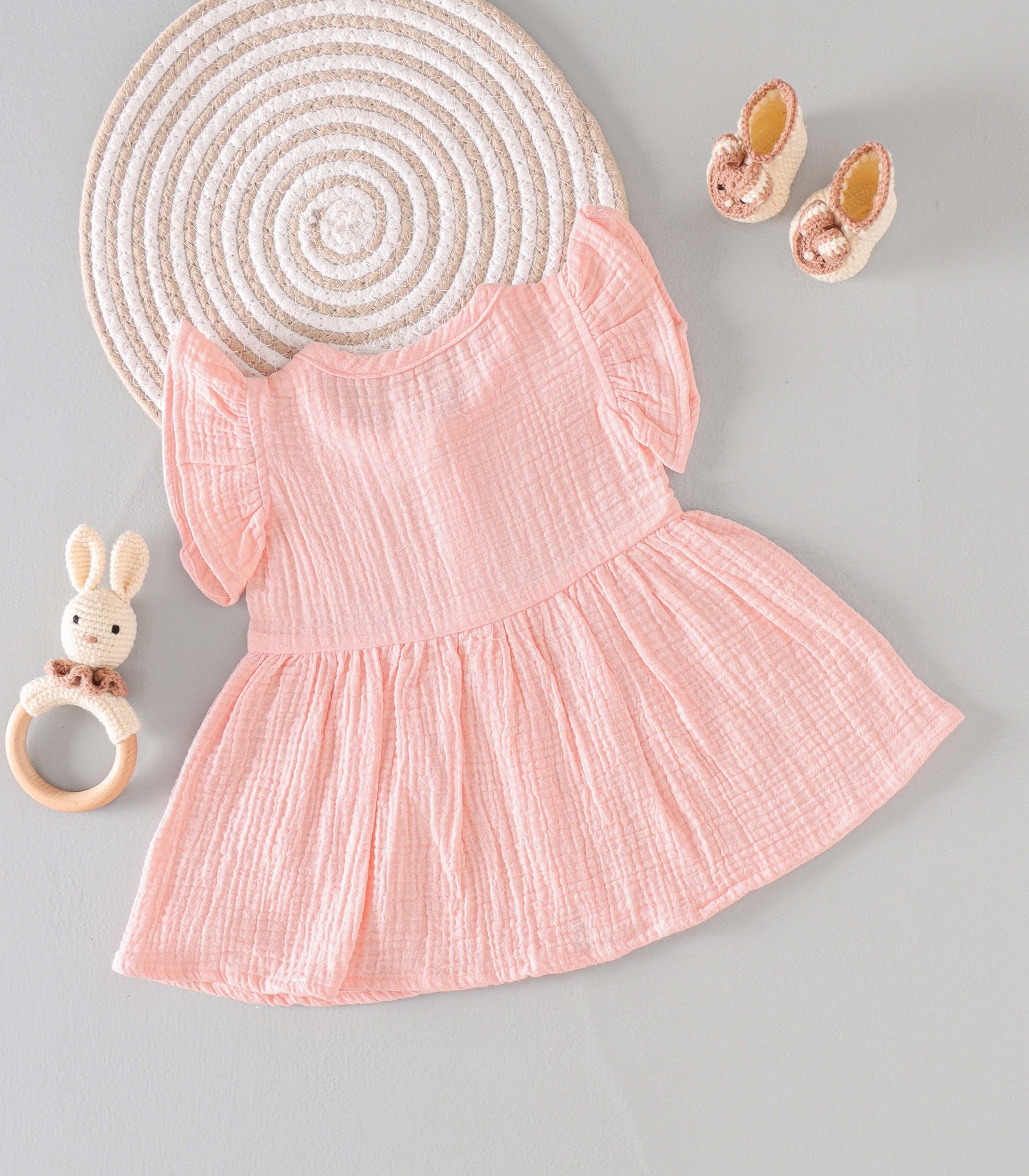 Peach Blush Crinkled Muslin Frill Frock – Soft, Airy & Playful Comfort