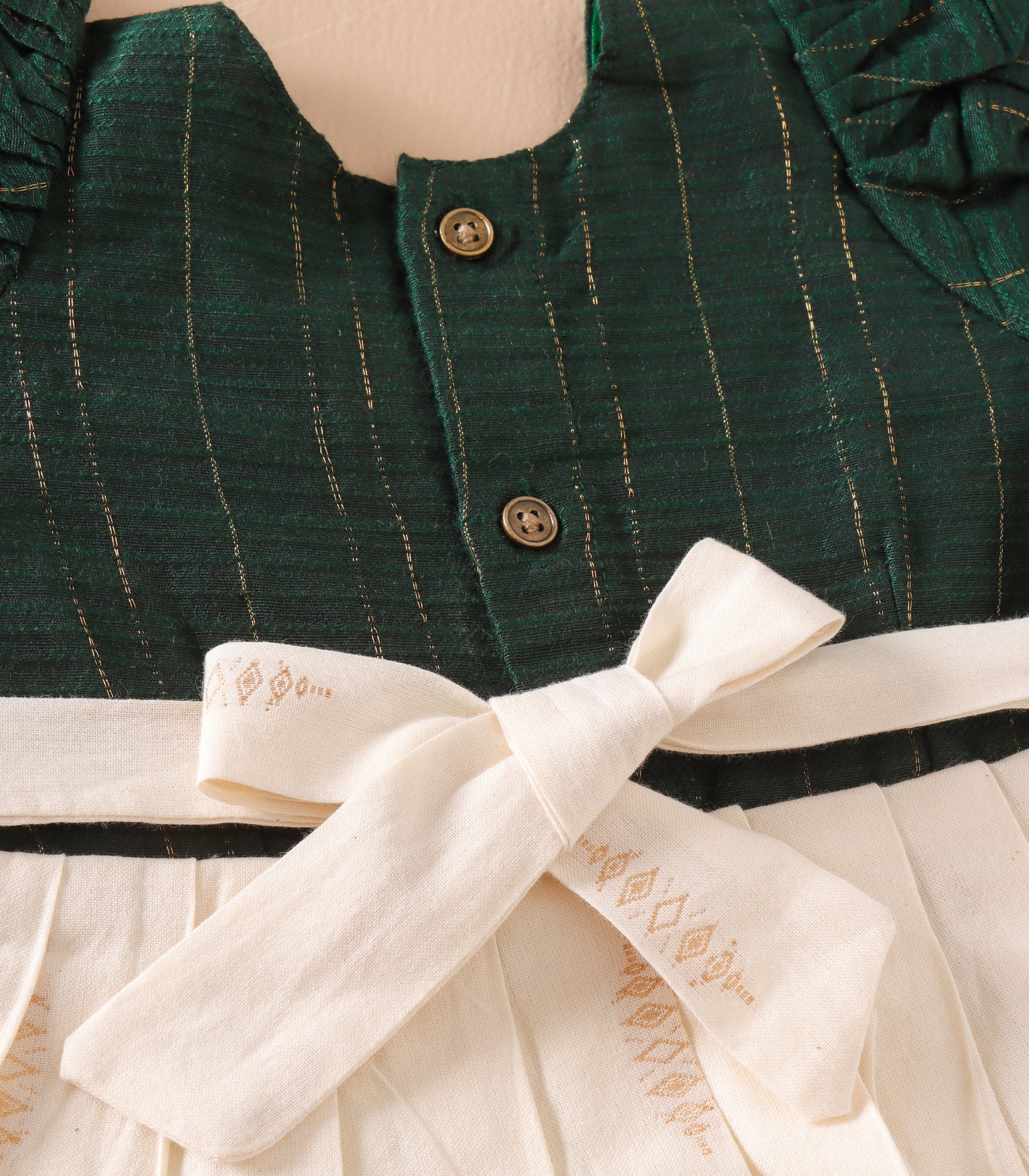 Dark Green & Cream Silk Puff Frock with Ruffled Hem & Golden Zari Stripes