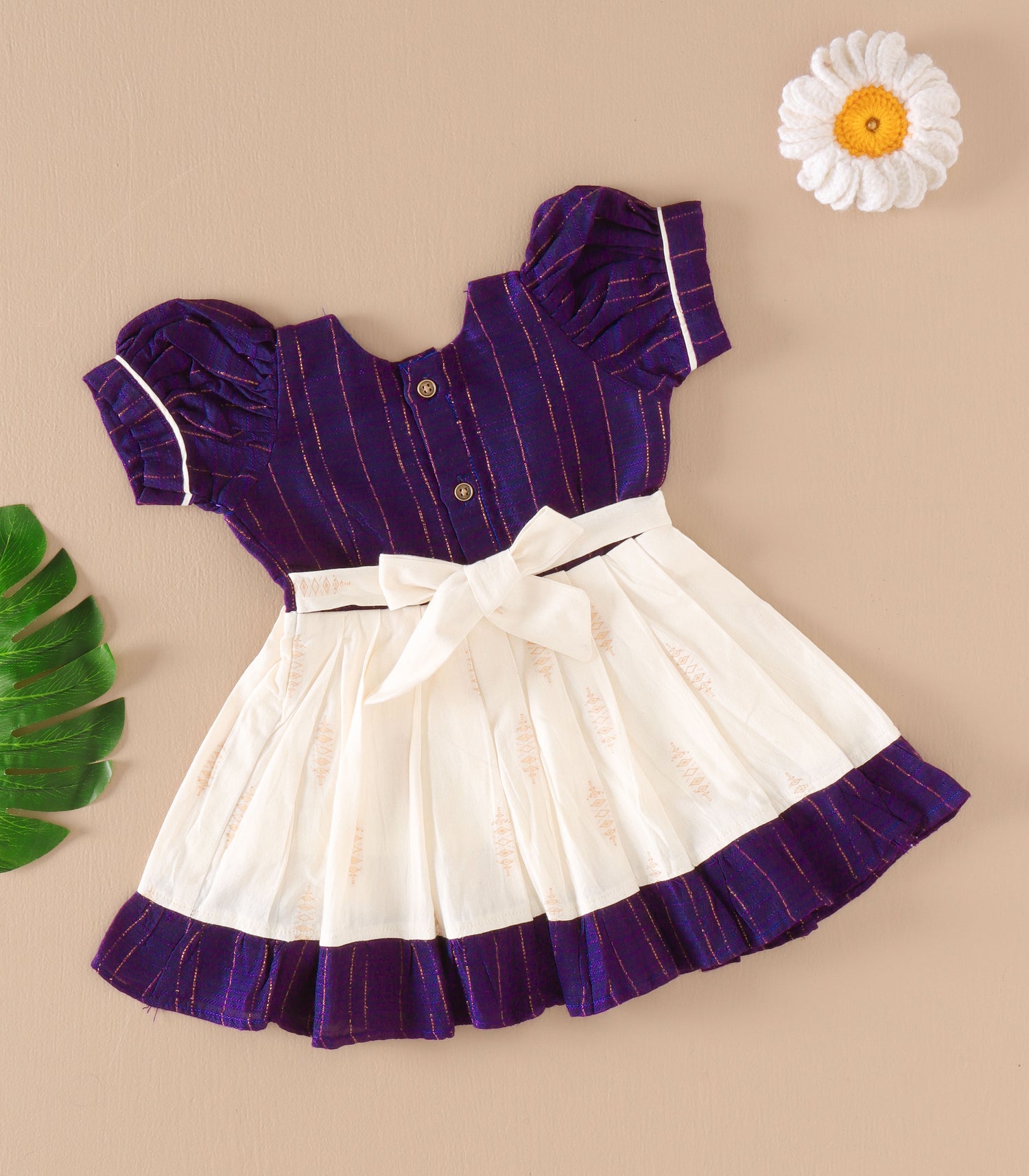 Purple & Cream Silk Puff Frock with Golden Zari Stripes