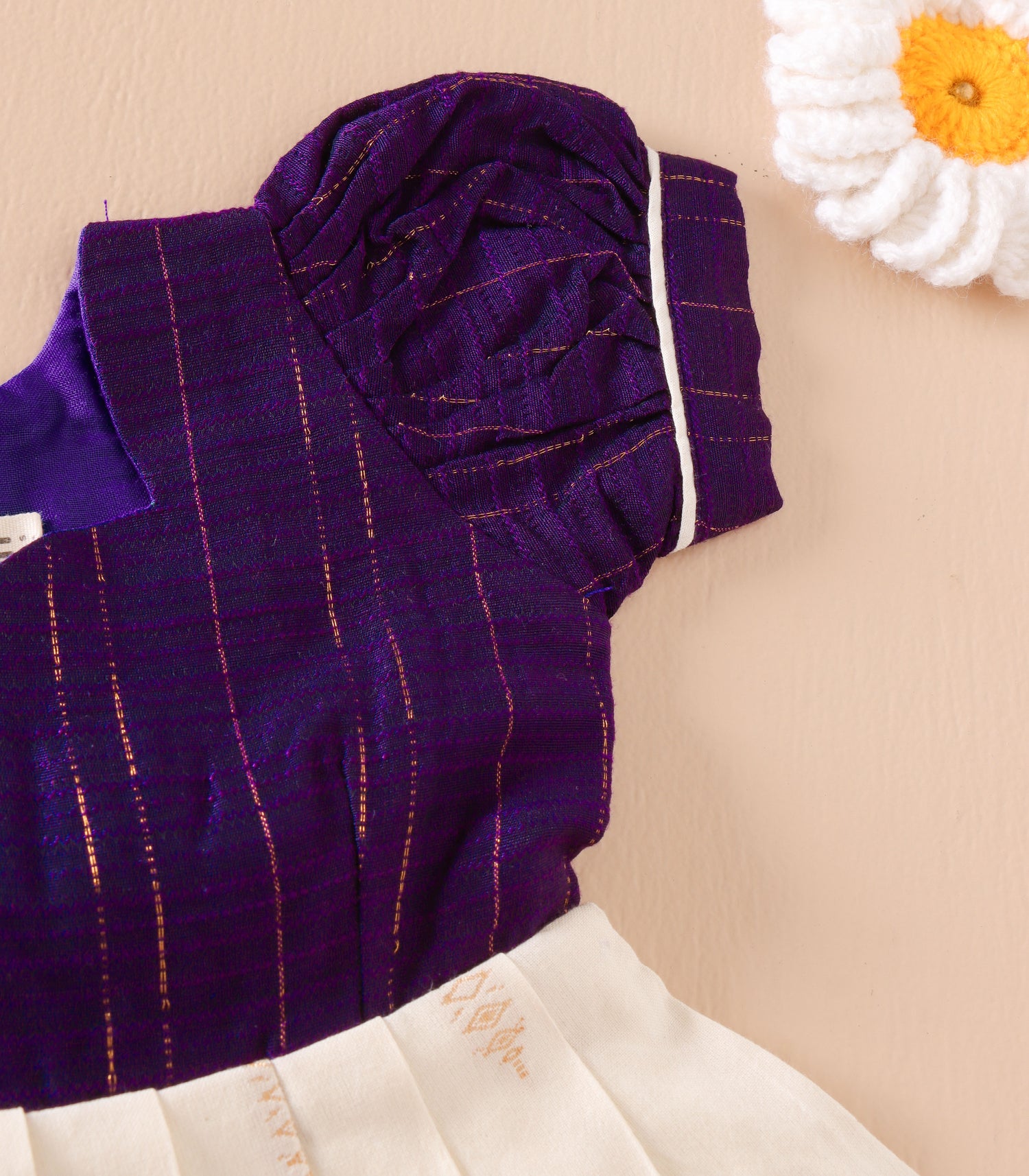 Purple & Cream Silk Puff Frock with Golden Zari Stripes