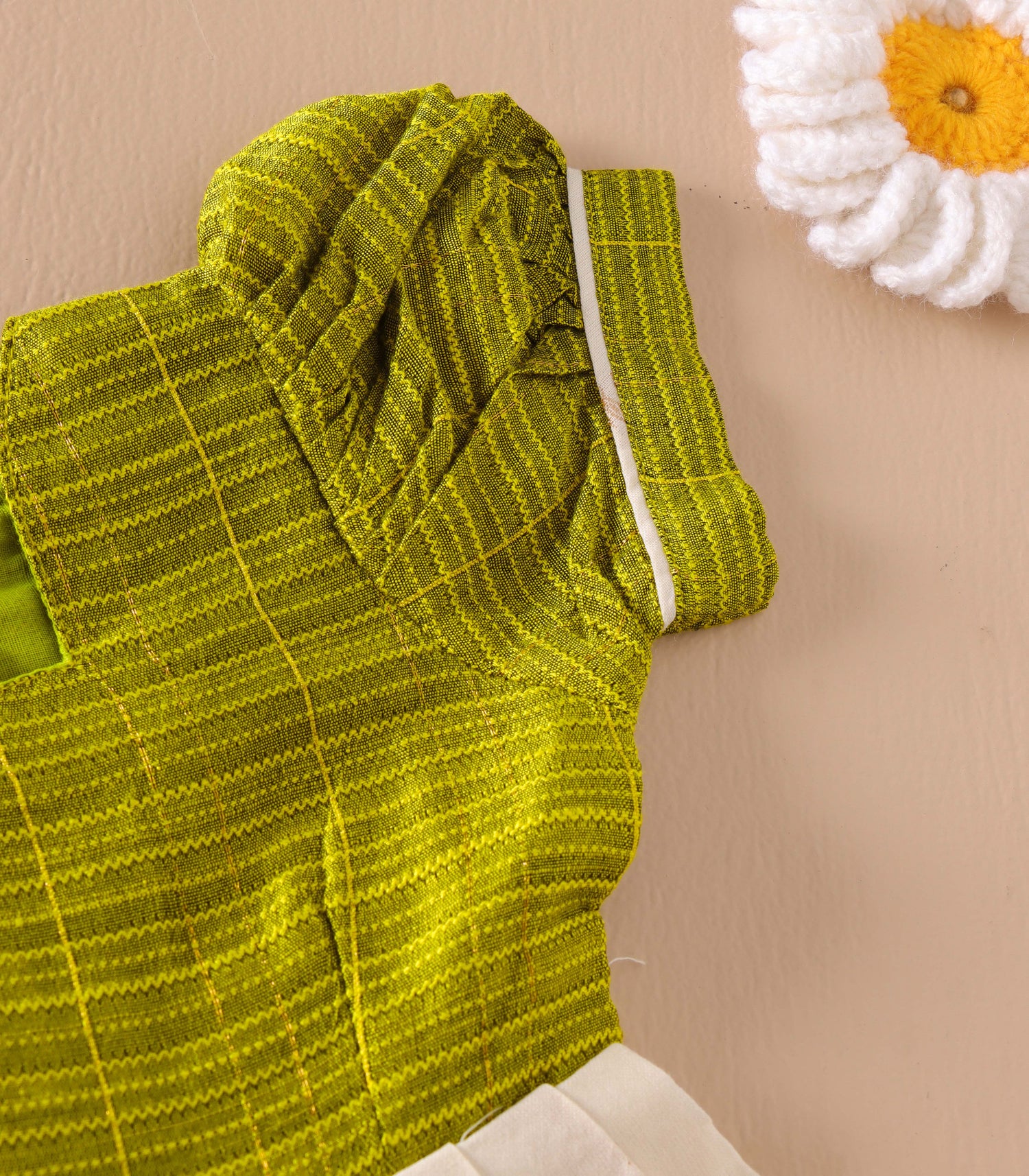 Lime Green & Cream Silk Puff Frock with Layered Frill Border