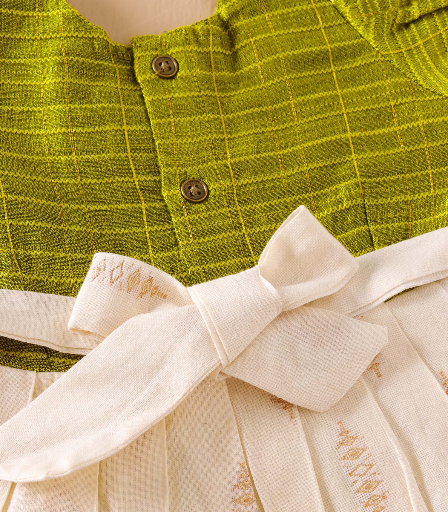 Lime Green & Cream Silk Puff Frock with Layered Frill Border