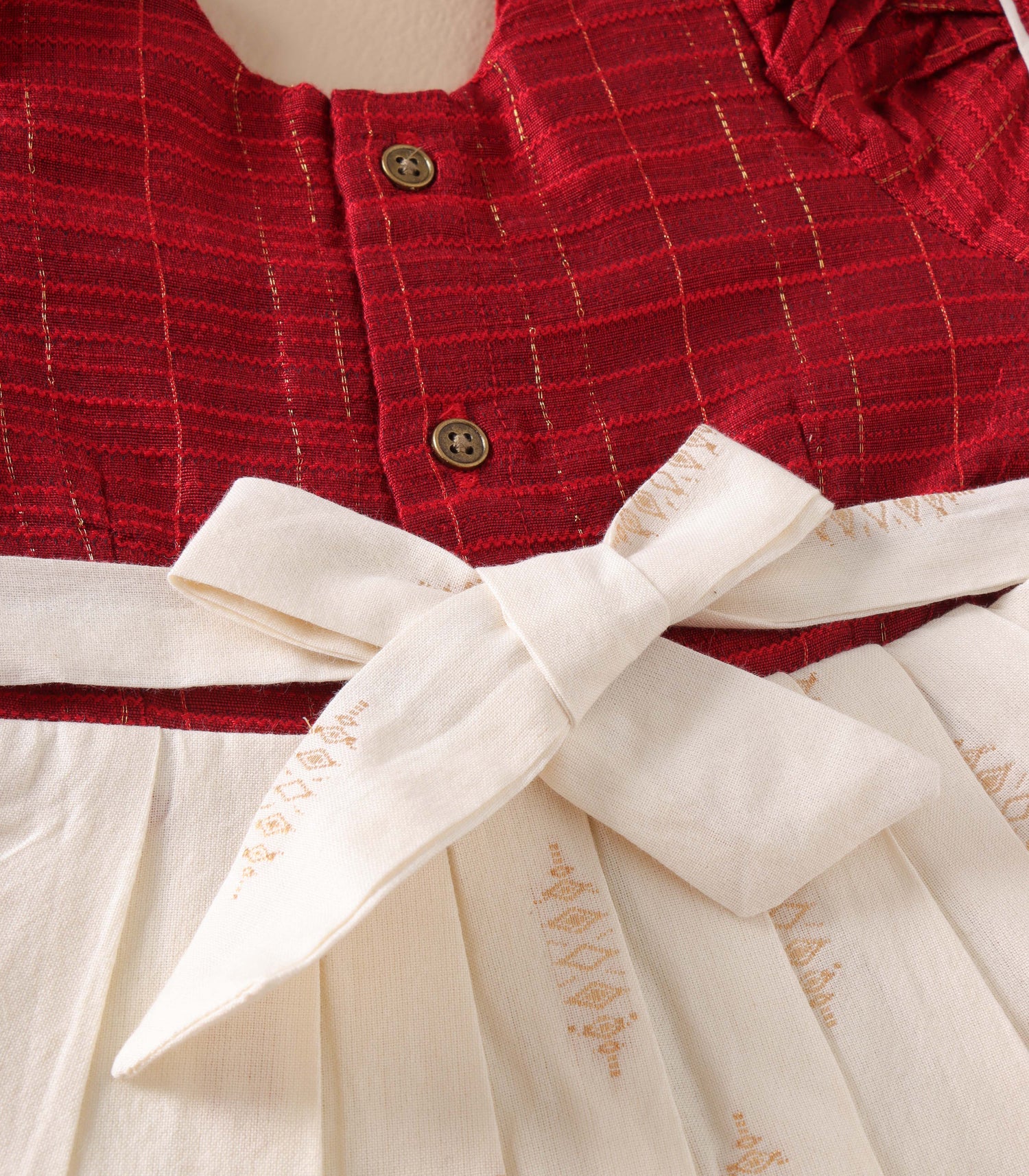 Red & Cream Silk Puff Frock with Golden Zari Checks