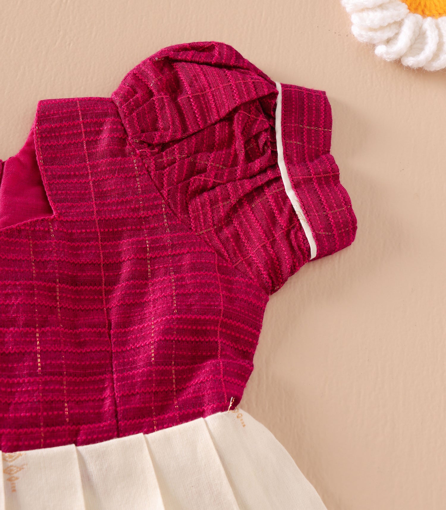 Magenta & Cream Silk Puff Frock with Ruffled Hem and Traditional Pleats