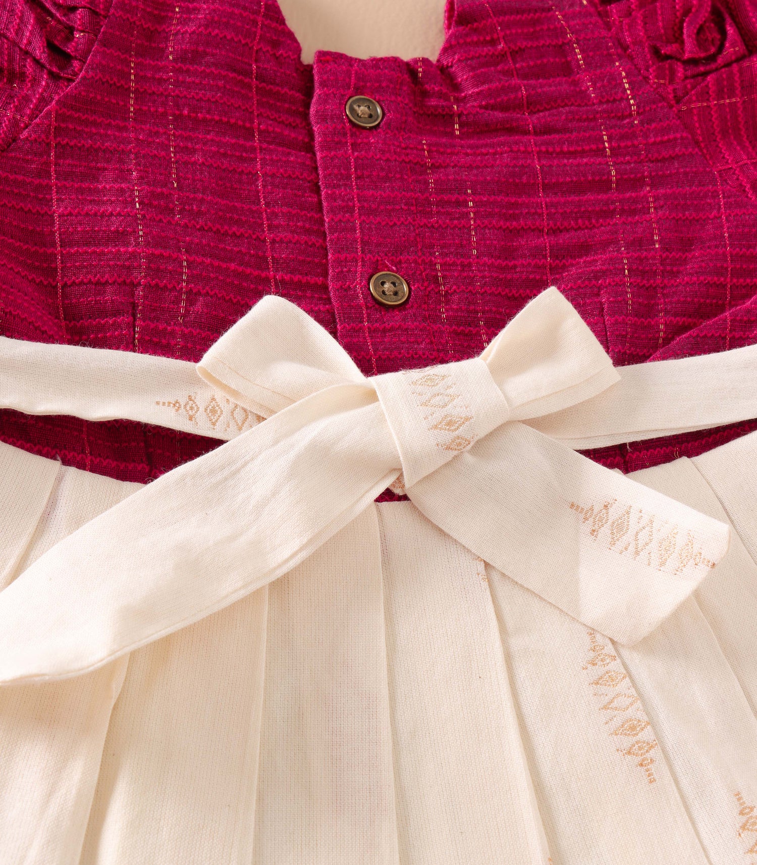 Magenta & Cream Silk Puff Frock with Ruffled Hem and Traditional Pleats