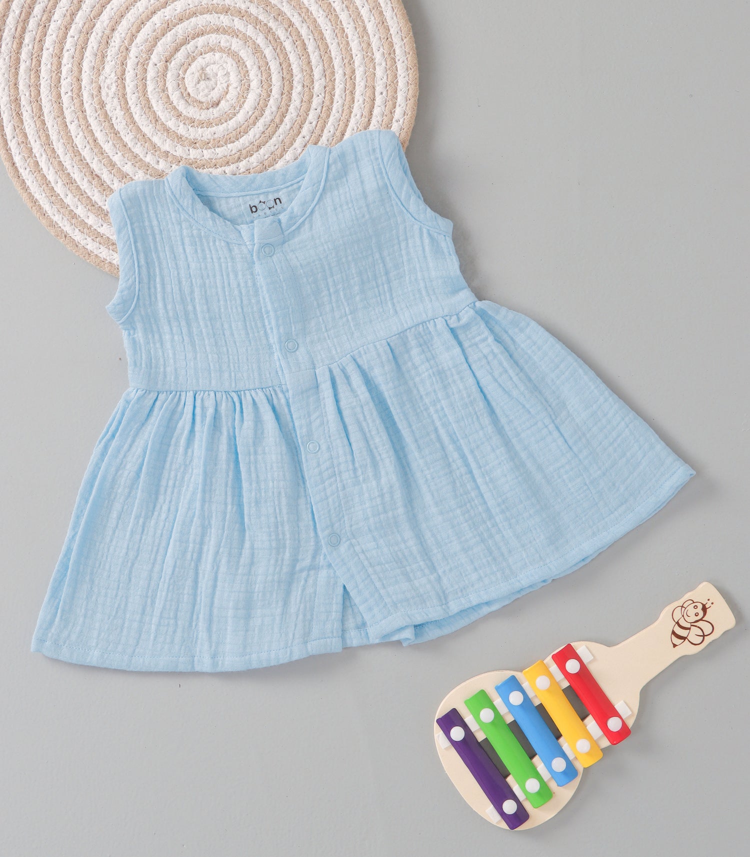 Sky Mist Crinkled Muslin Sleeveless Frock – Breezy & Gentle Baby Wear