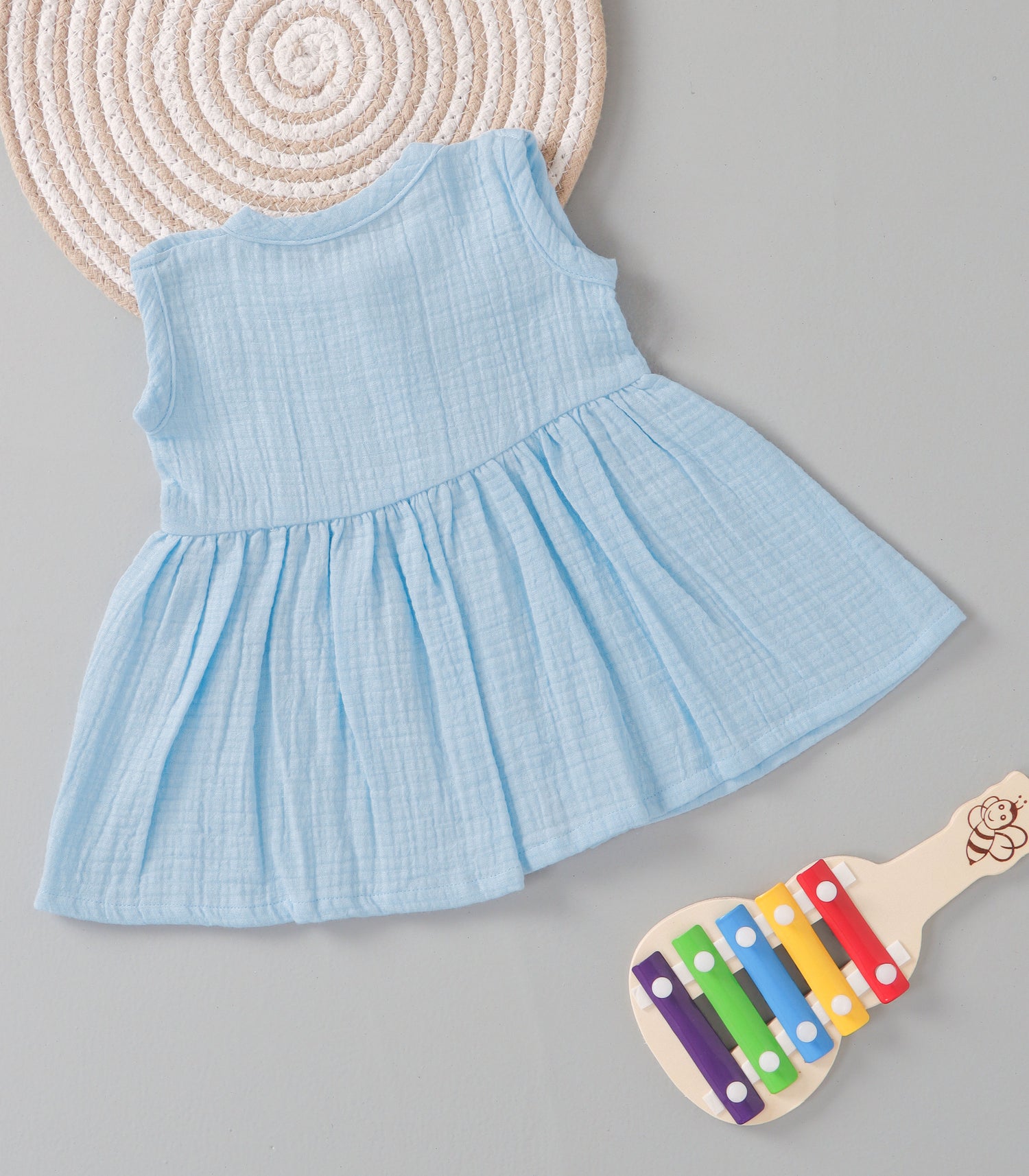 Sky Mist Crinkled Muslin Sleeveless Frock – Breezy & Gentle Baby Wear