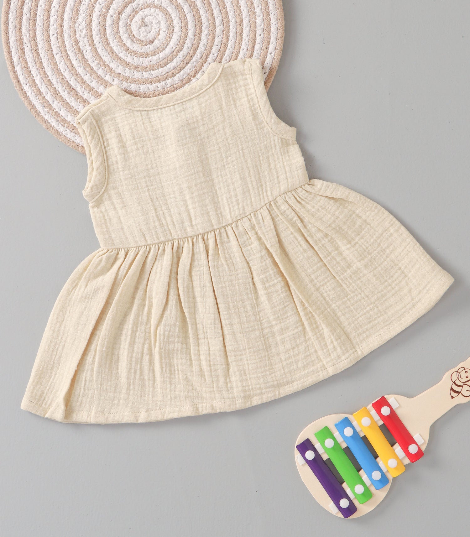 Beige Cream Crinkled Muslin Sleeveless Baby Frock