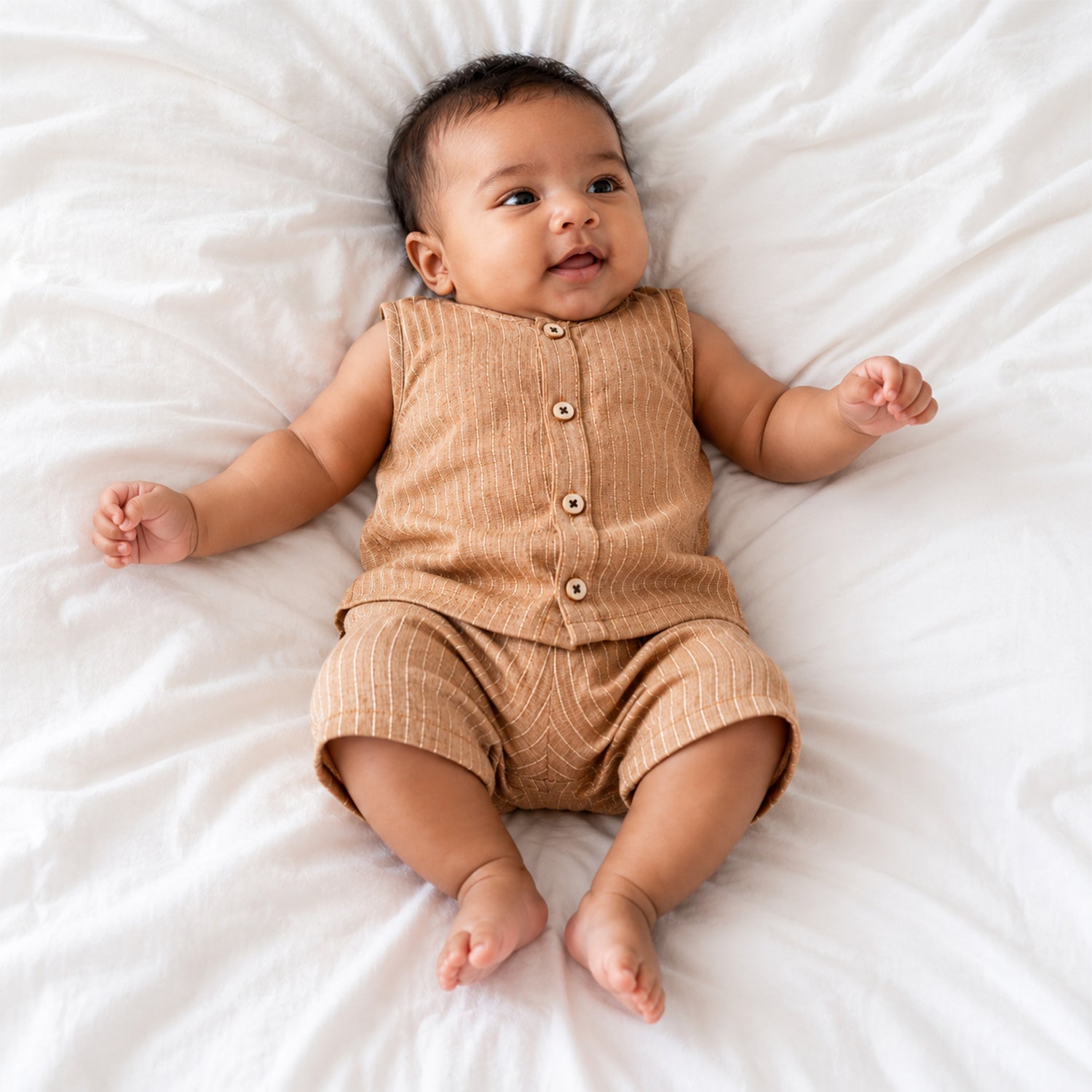 Boon Babies Boys Cotton Sleeveless Co-ord Set – Beige Striped Top & Shorts