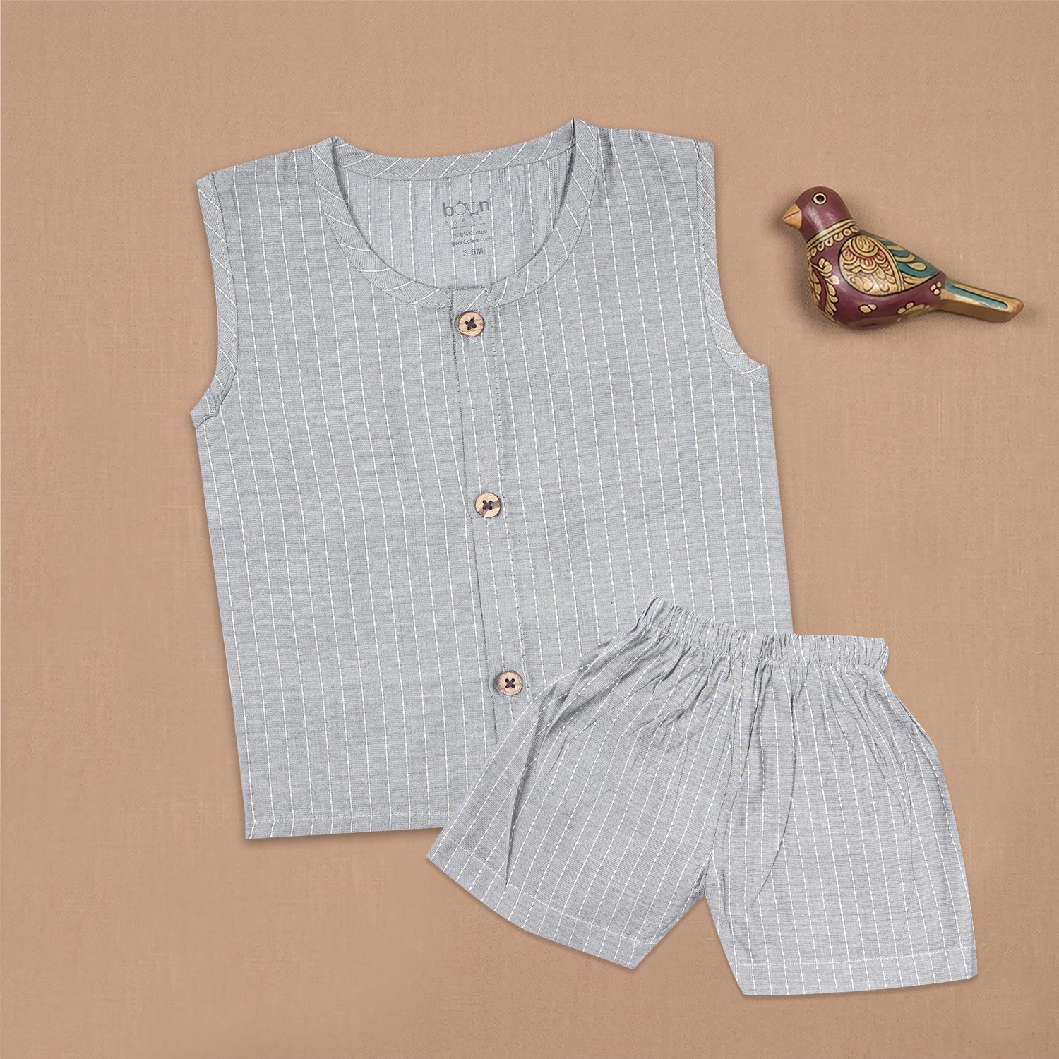 Boon Babies Baby Cotton Sleeveless Co-ord Set – Grey Striped Top & Shorts