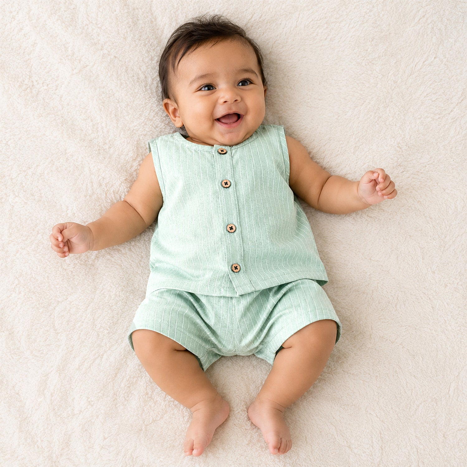 Boon Babies Baby Cotton Sleeveless Co-ord Set – Mint Green Striped Top & Shorts