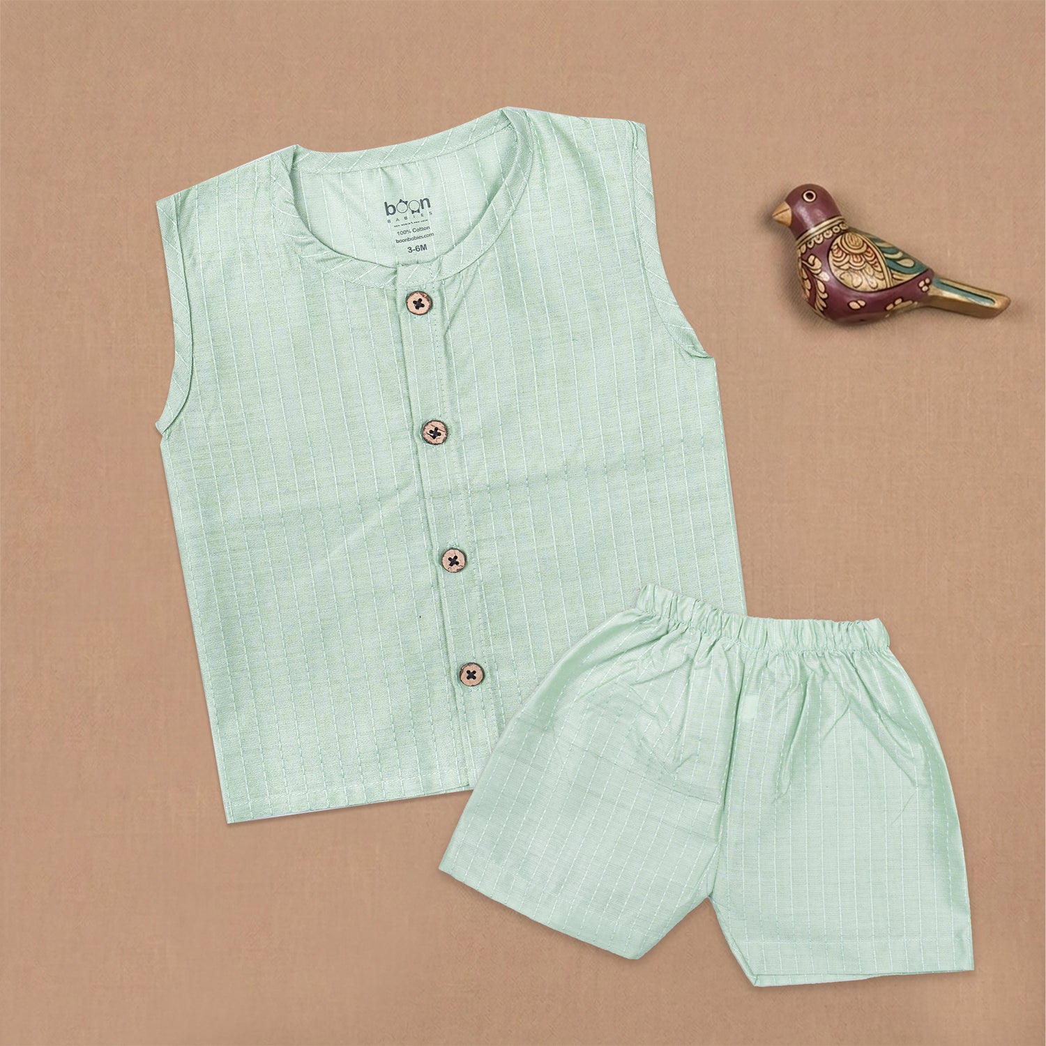 Boon Babies Baby Cotton Sleeveless Co-ord Set – Mint Green Striped Top & Shorts