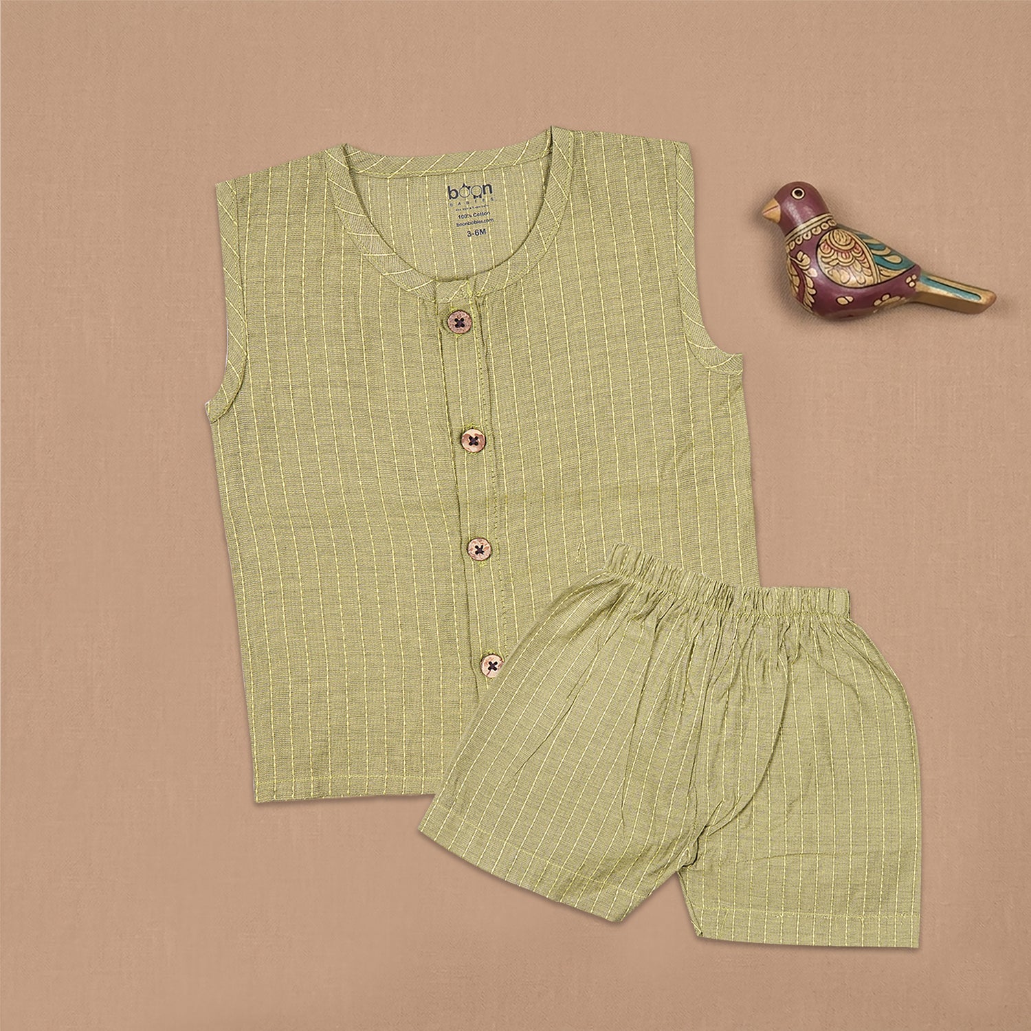 Boon Babies Baby Cotton Sleeveless Co-ord Set – Olive Green Striped Top & Shorts