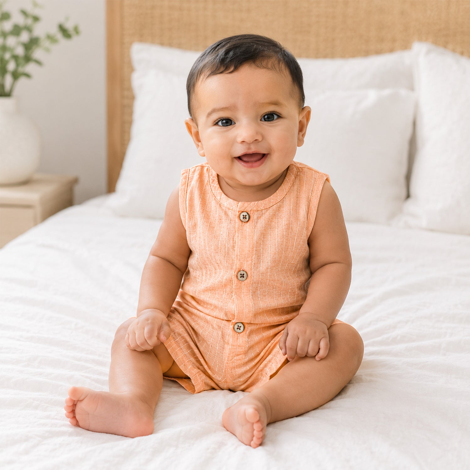 Boon Babies Baby Cotton Sleeveless Co-ord Set – Peach Striped Top & Shorts