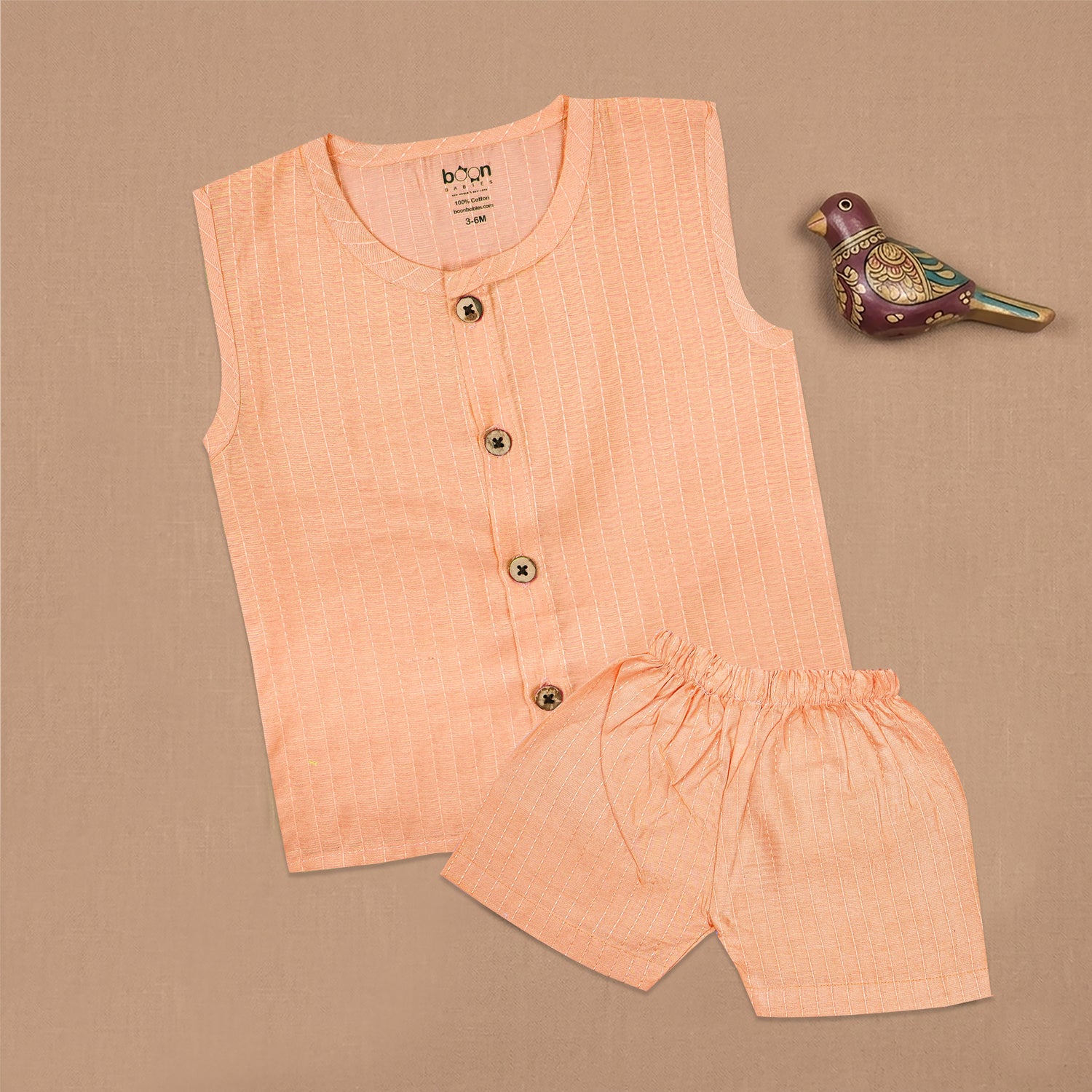 Boon Babies Baby Cotton Sleeveless Co-ord Set – Peach Striped Top & Shorts
