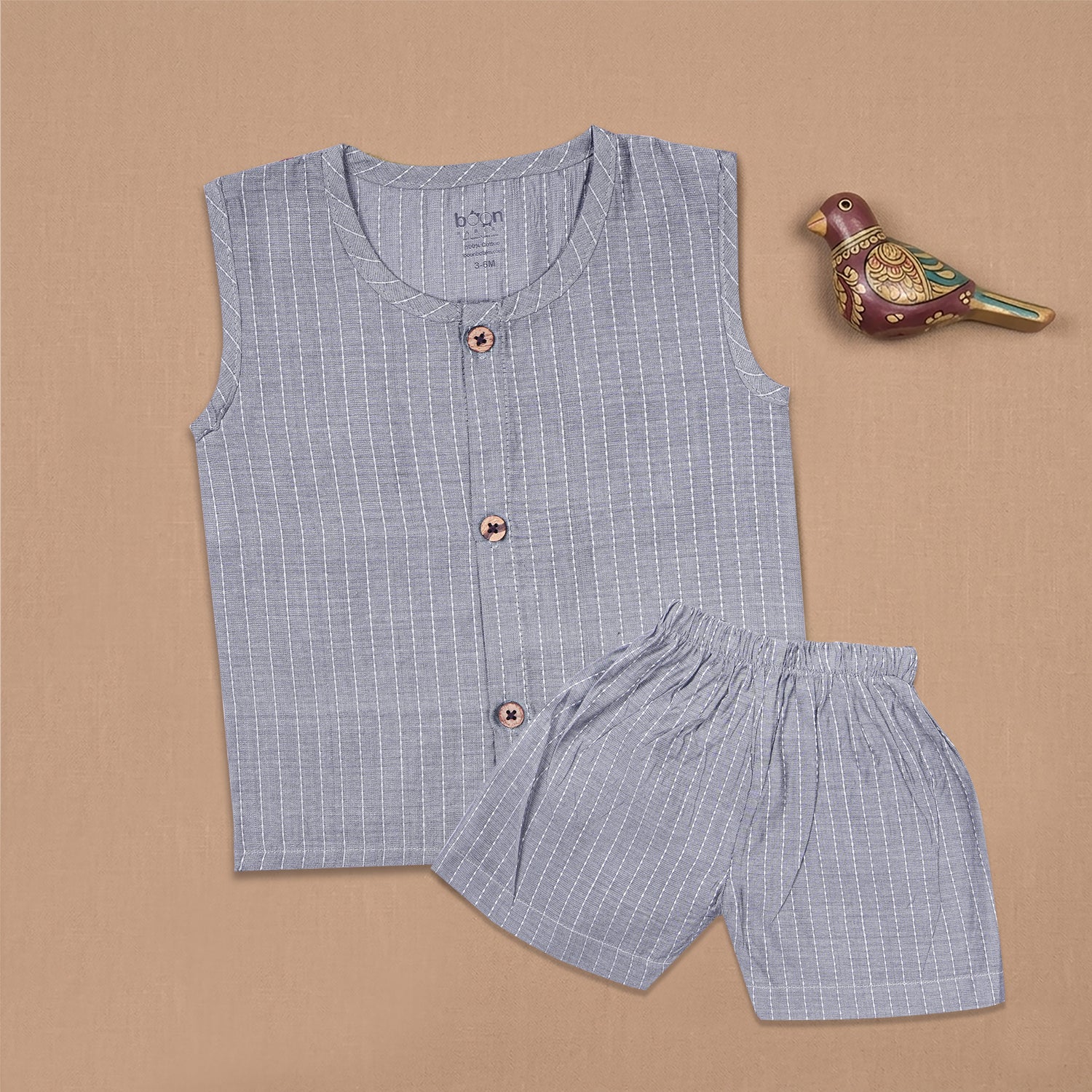 Boon Babies Baby Cotton Sleeveless Co-ord Set – Grey Striped Top & Shorts