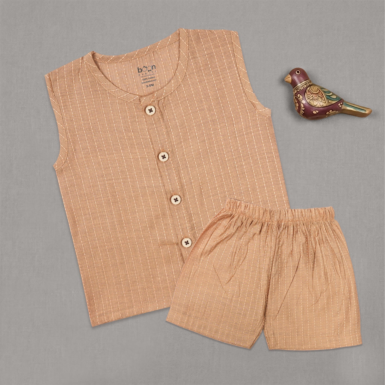 Boon Babies Boys Cotton Sleeveless Co-ord Set – Beige Striped Top & Shorts